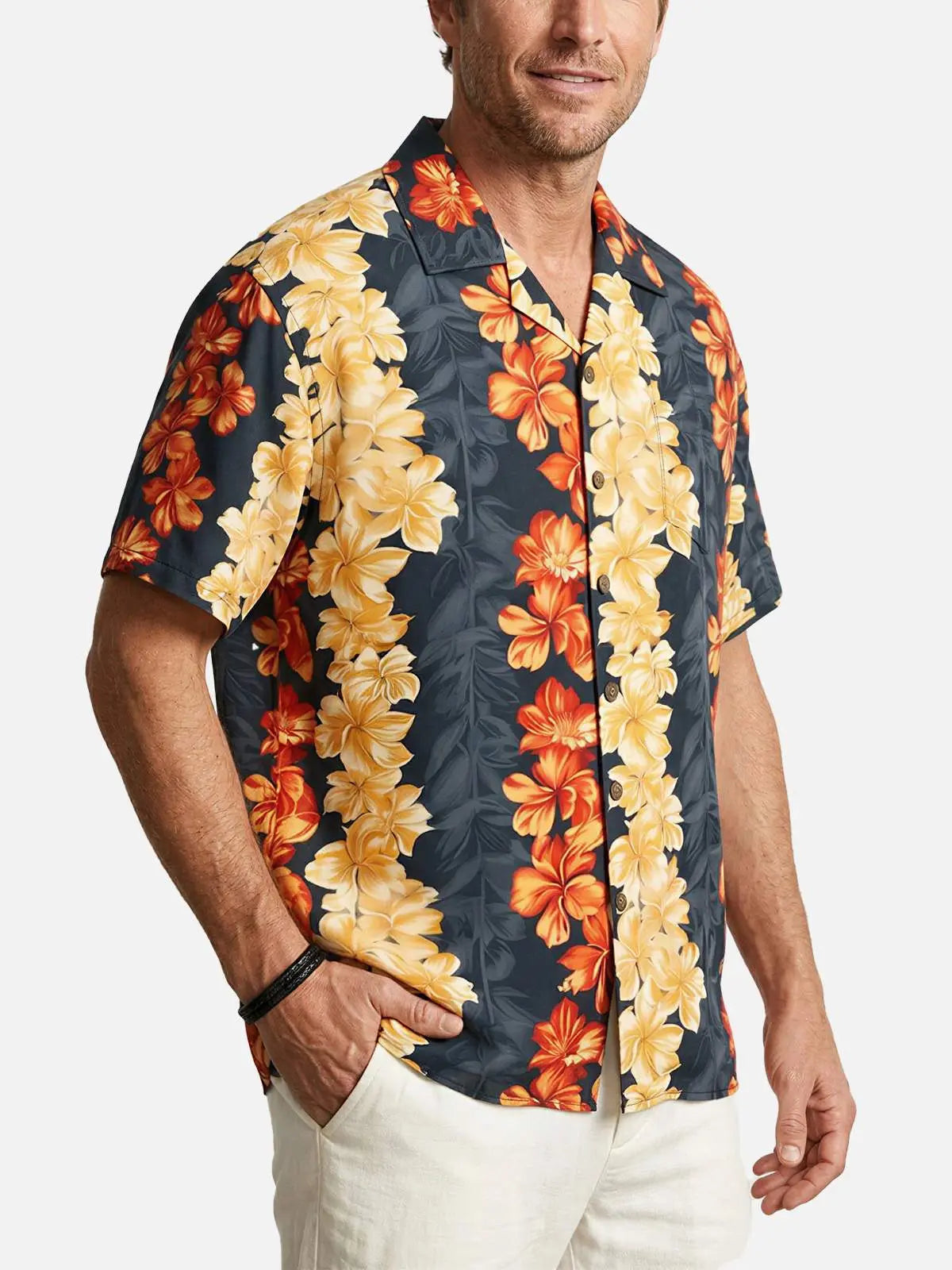Men's Tropical Floral Stripe Camp Collar Short Sleeve Shirt ElevenOasis