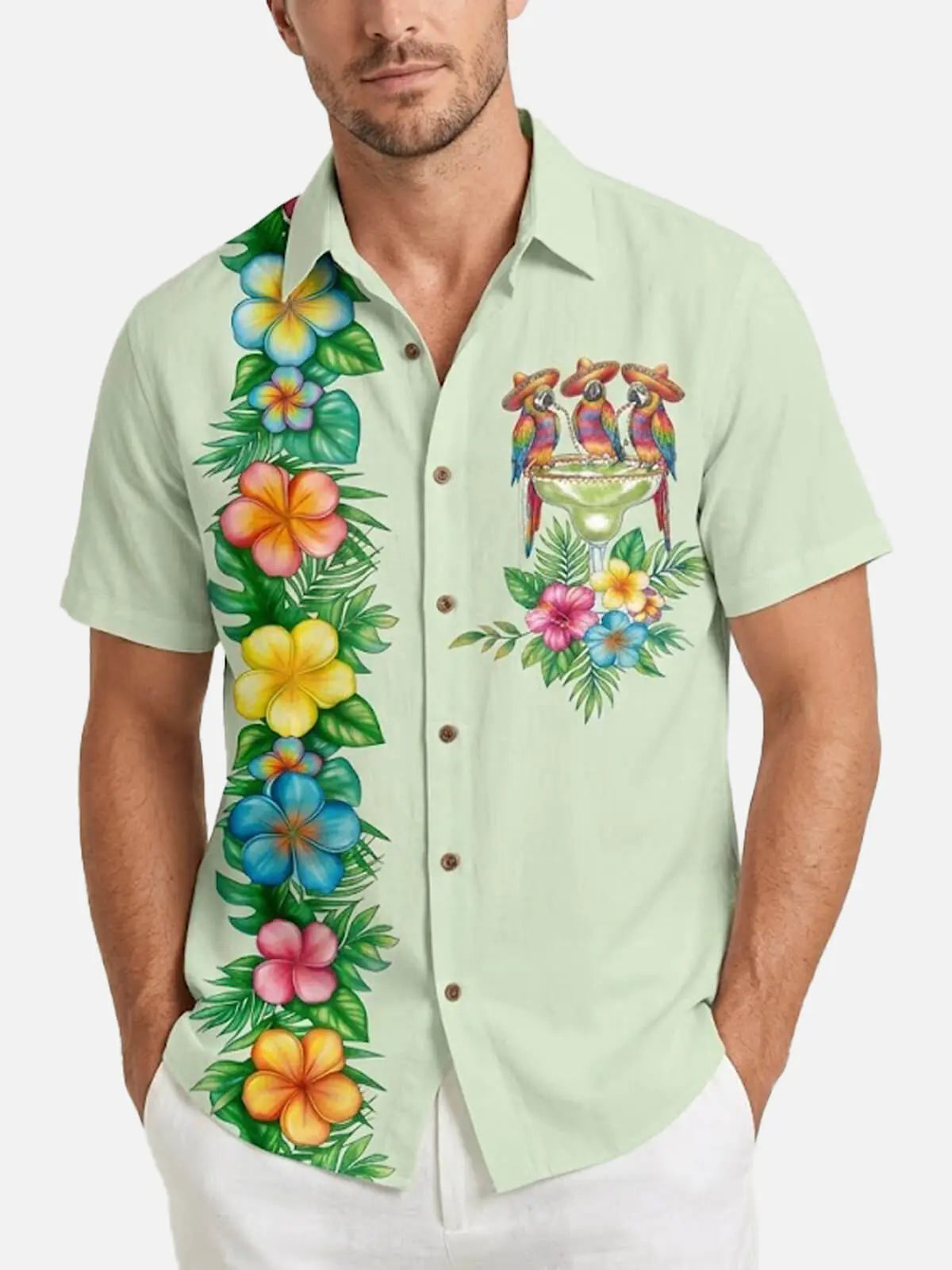 Men's Tropical Parrot Margarita Short Sleeve Shirt ElevenOasis