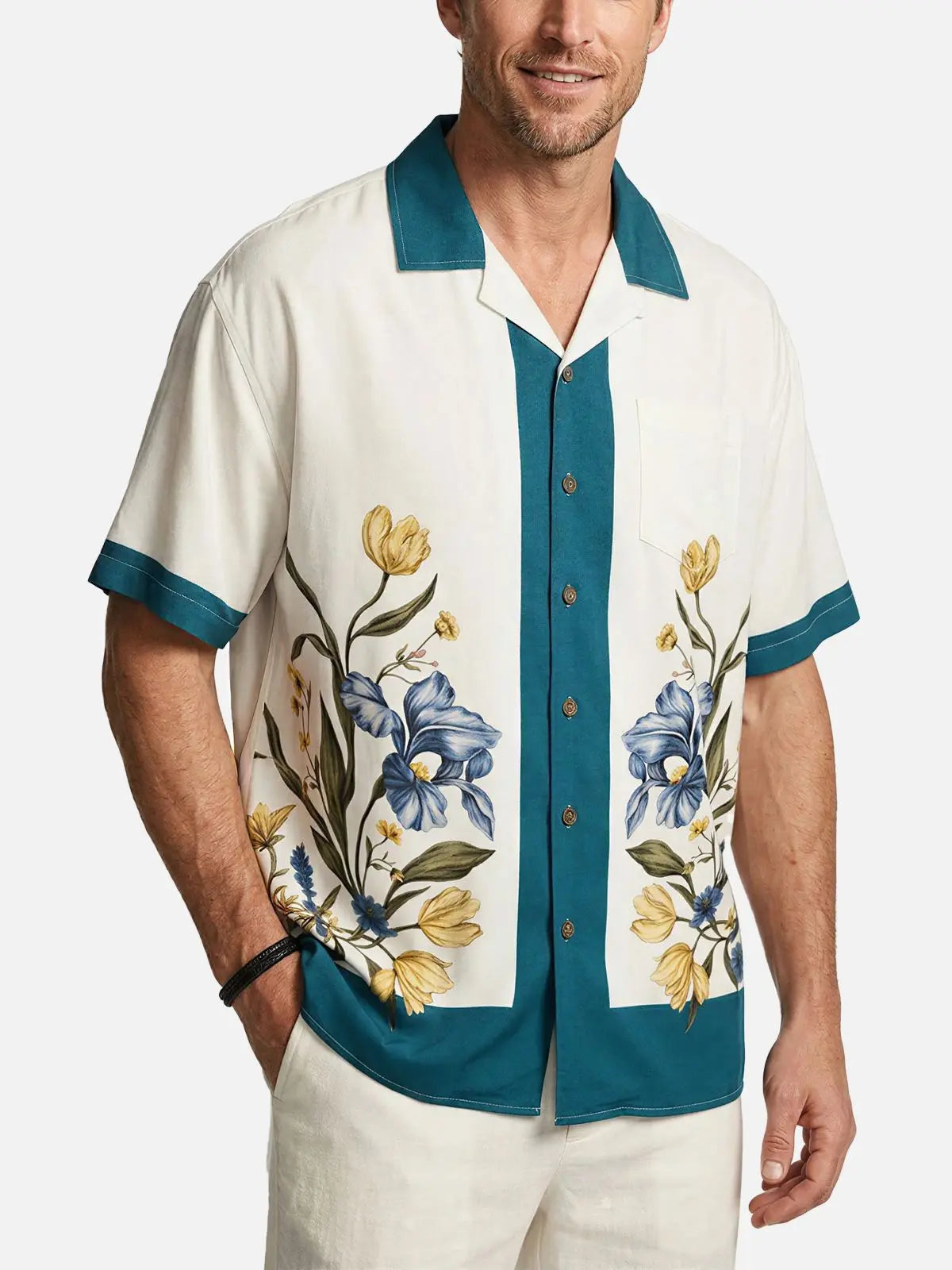 Men's Mirrored Botanical Panel Short Sleeve Shirt ElevenOasis
