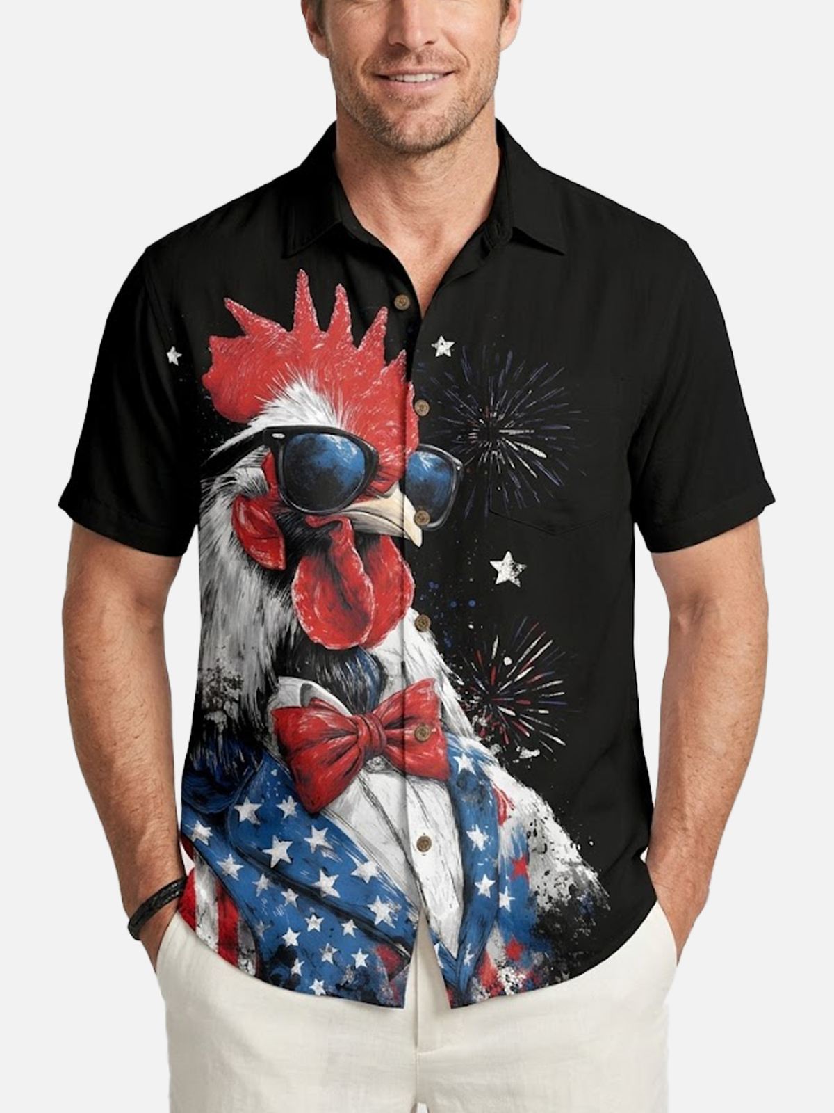 Men's Patriotic Rooster Fireworks Short Sleeve Shirt Eleven Oasis