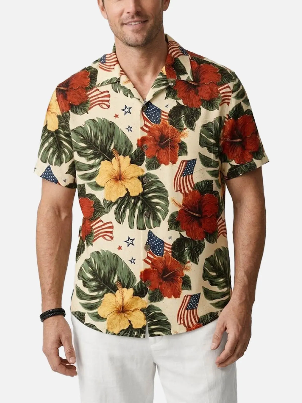 Men's Patriotic Tropical Hibiscus Short Sleeve Shirt Eleven Oasis
