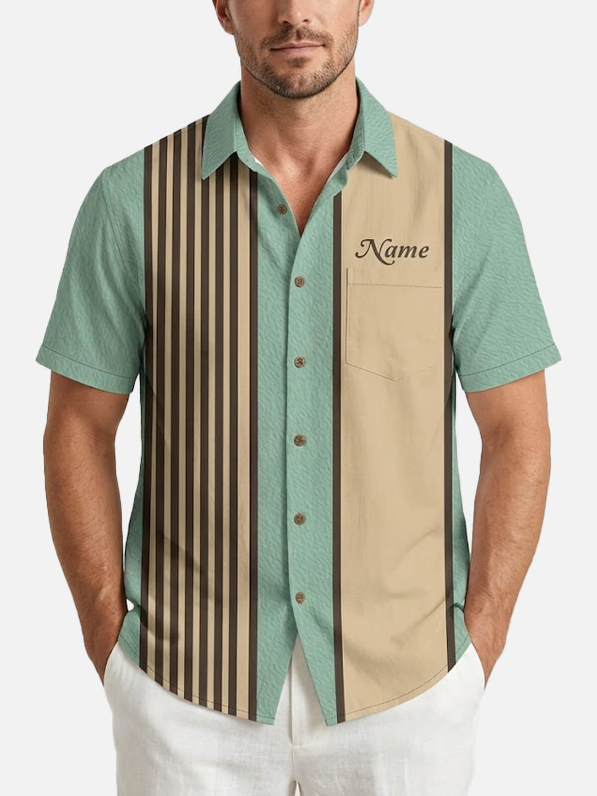 Tall Men's Retro Stripe Customizable Bowling Short Sleeve Shirt Eleven Oasis