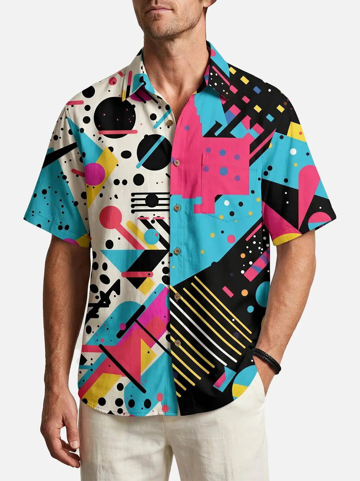 Men's Trapper Keeper Inspired Colorful Geometric Shapes Short Sleeve Shirt ElevenOasis