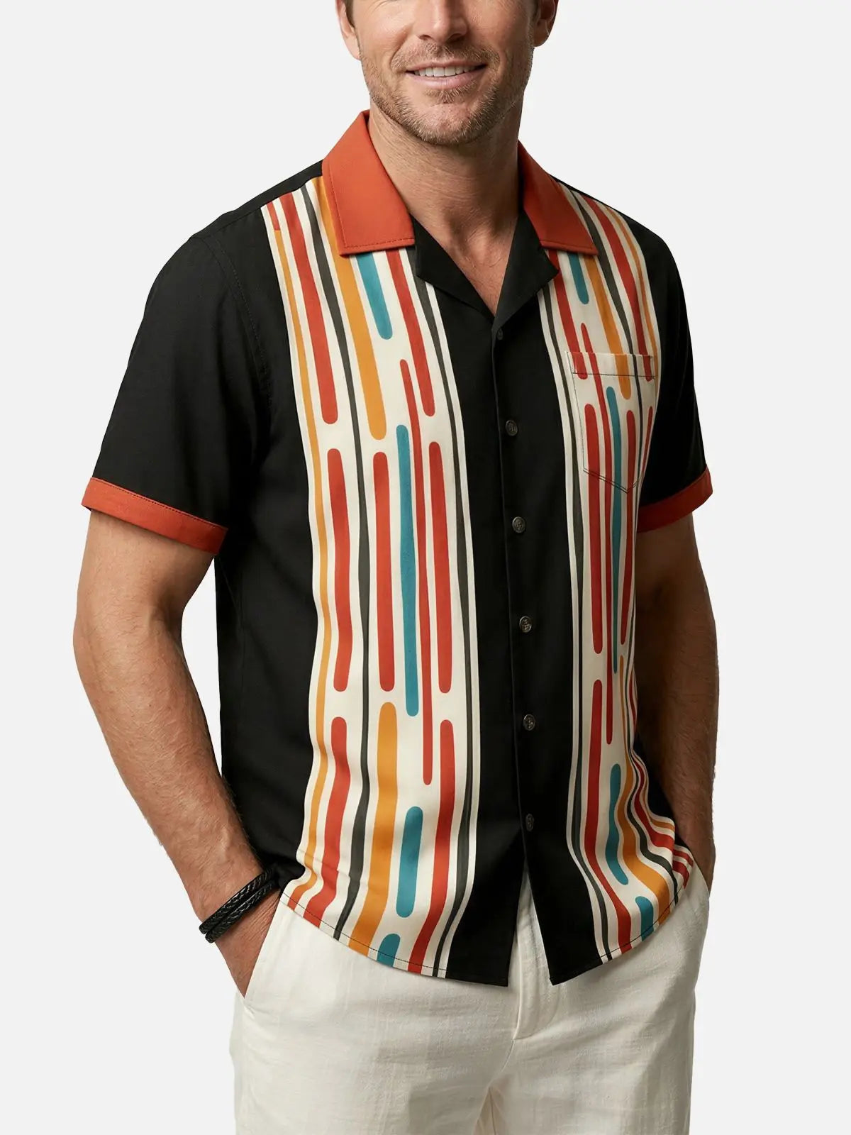 Men's Contrast Collar Atomic Line Bowling Short Sleeve Shirt Eleven Oasis