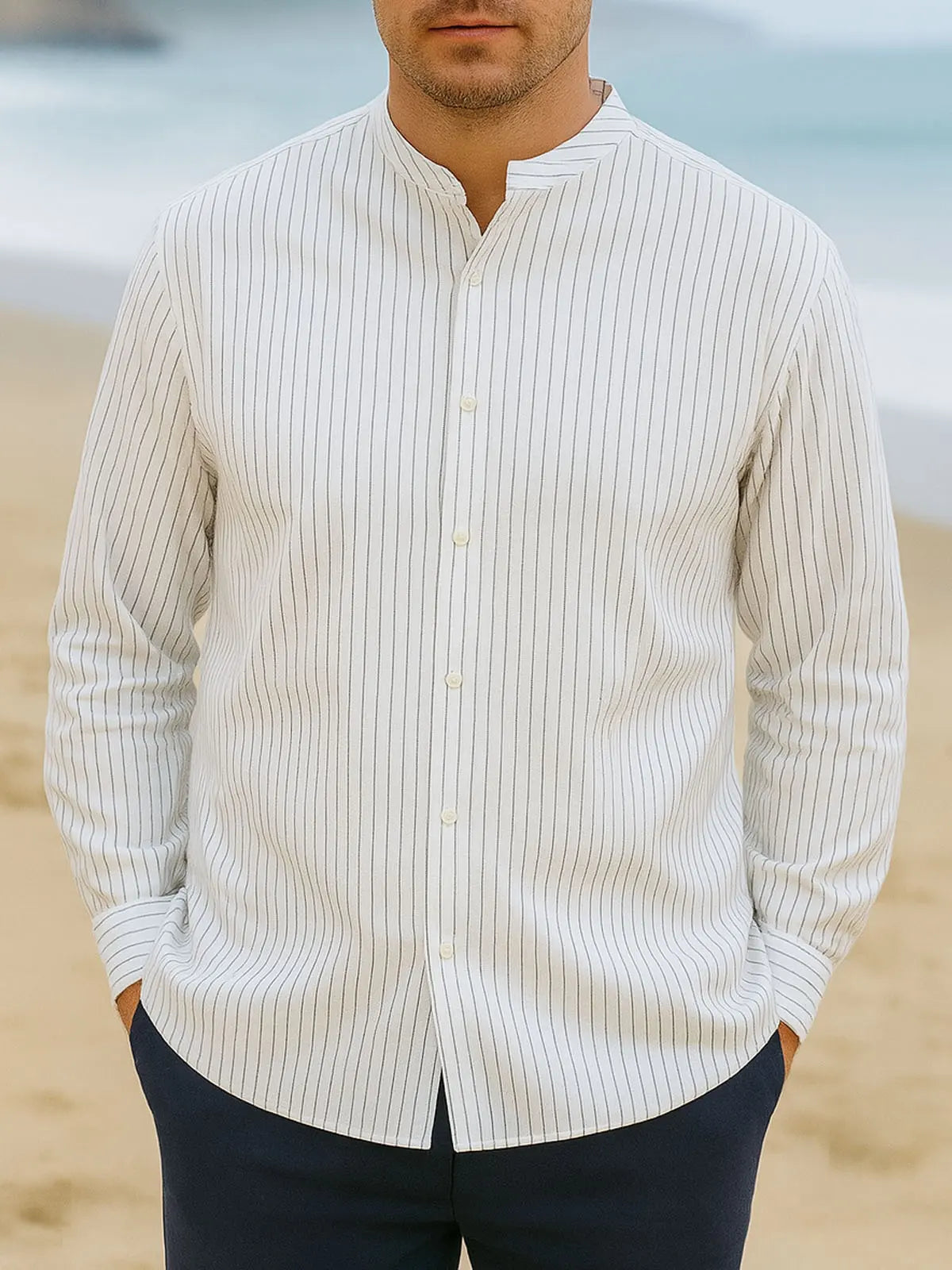 Men's Pinstripe Linen Blend Long Sleeve Shirt Eleven Oasis