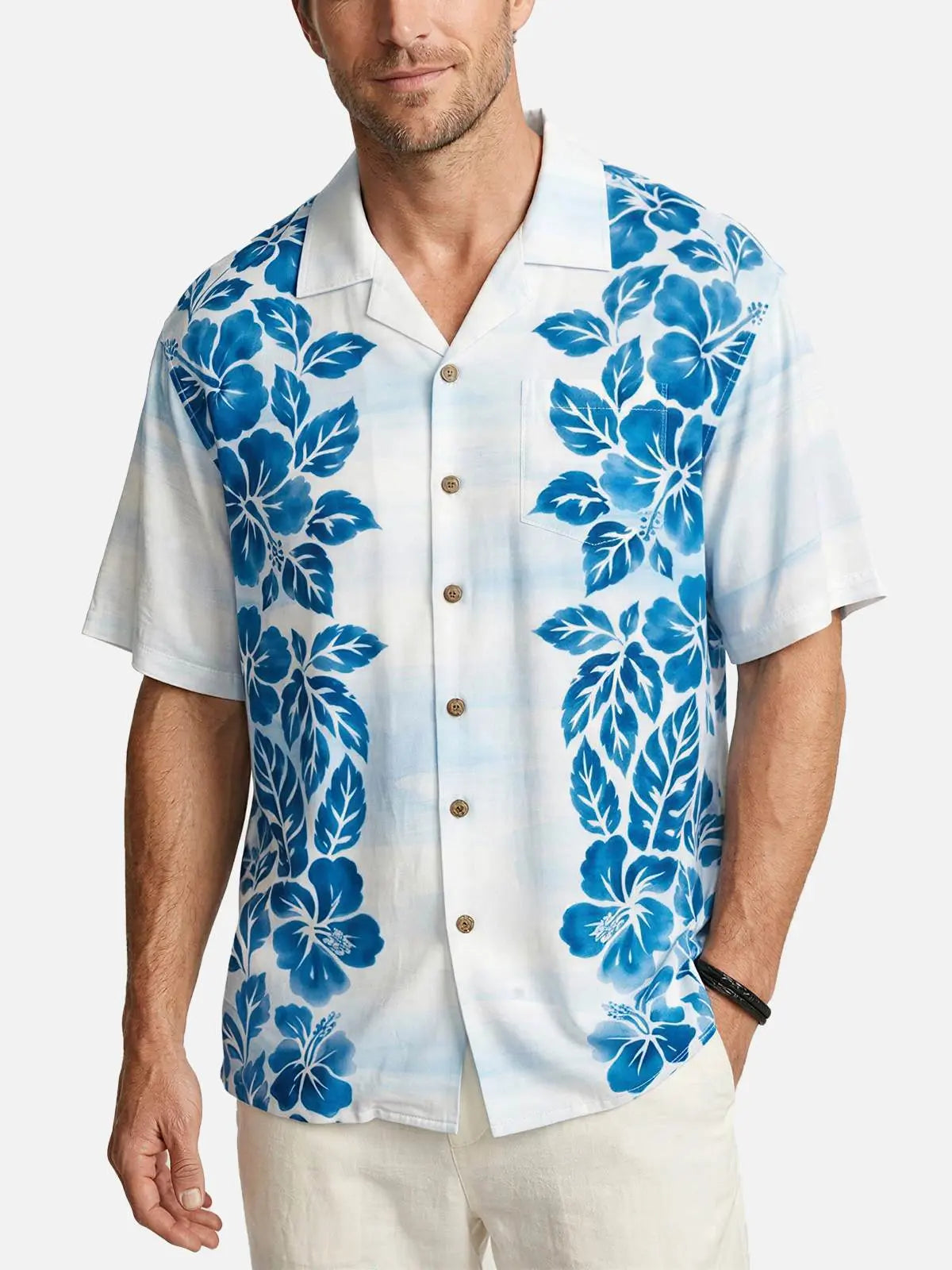 Men's Hibiscus Panels Camp Collar Short Sleeve Shirt ElevenOasis