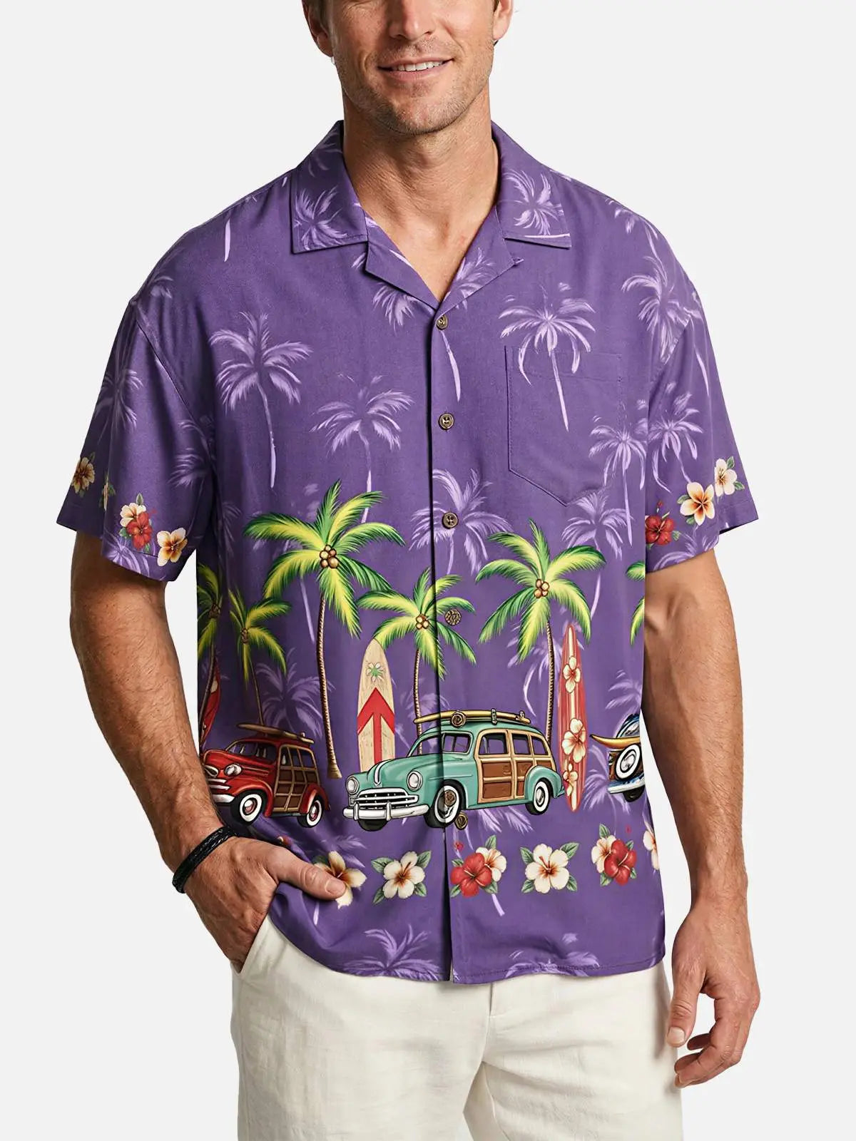 Men's Woody Wagon Surf Camp Collar Short Sleeve Shirt ElevenOasis
