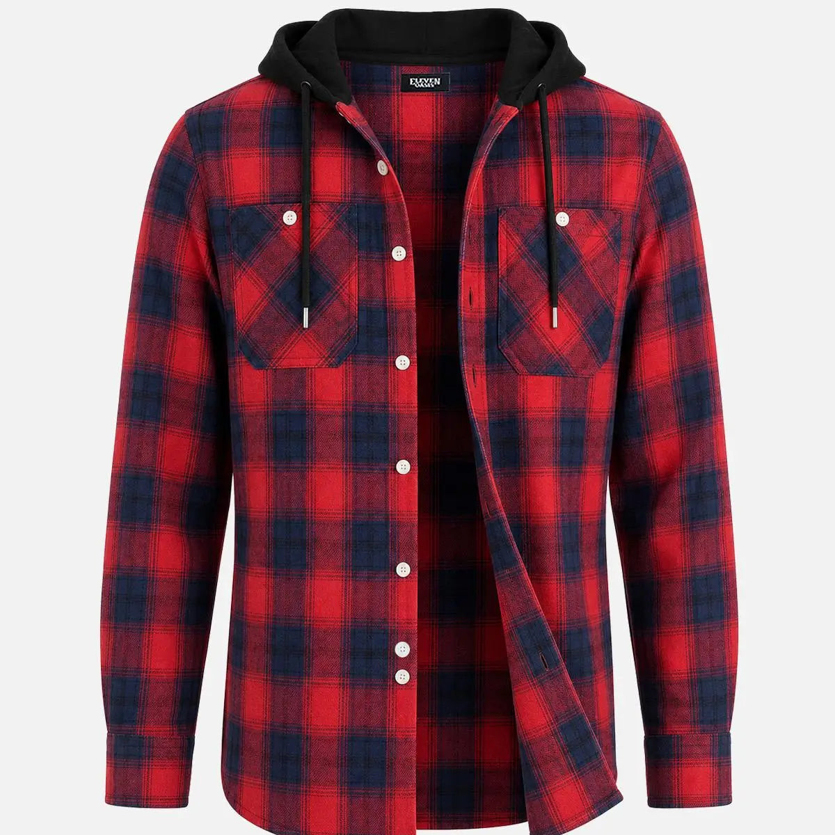 Men's Hooded Plaid Double Pocket Long Sleeve Shirt Eleven Oasis