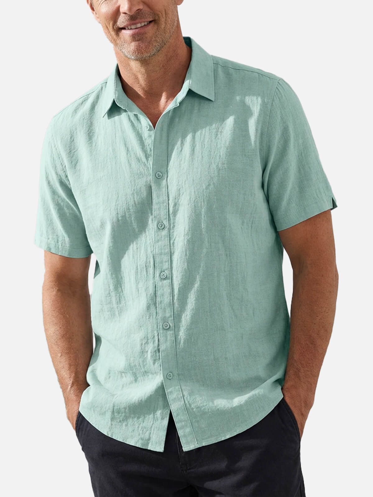 Men's Tonal Button Linen-Blend Short Sleeve Shirt Eleven Oasis