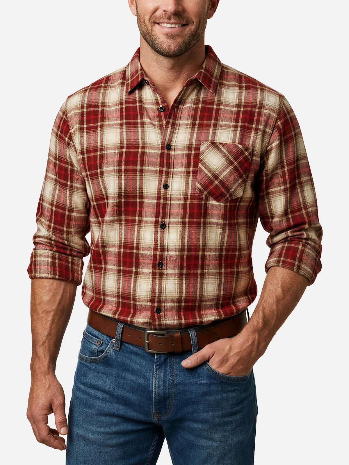 Men's Brushed Heritage Plaid Single Pocket Long Sleeve Shirt Eleven Oasis