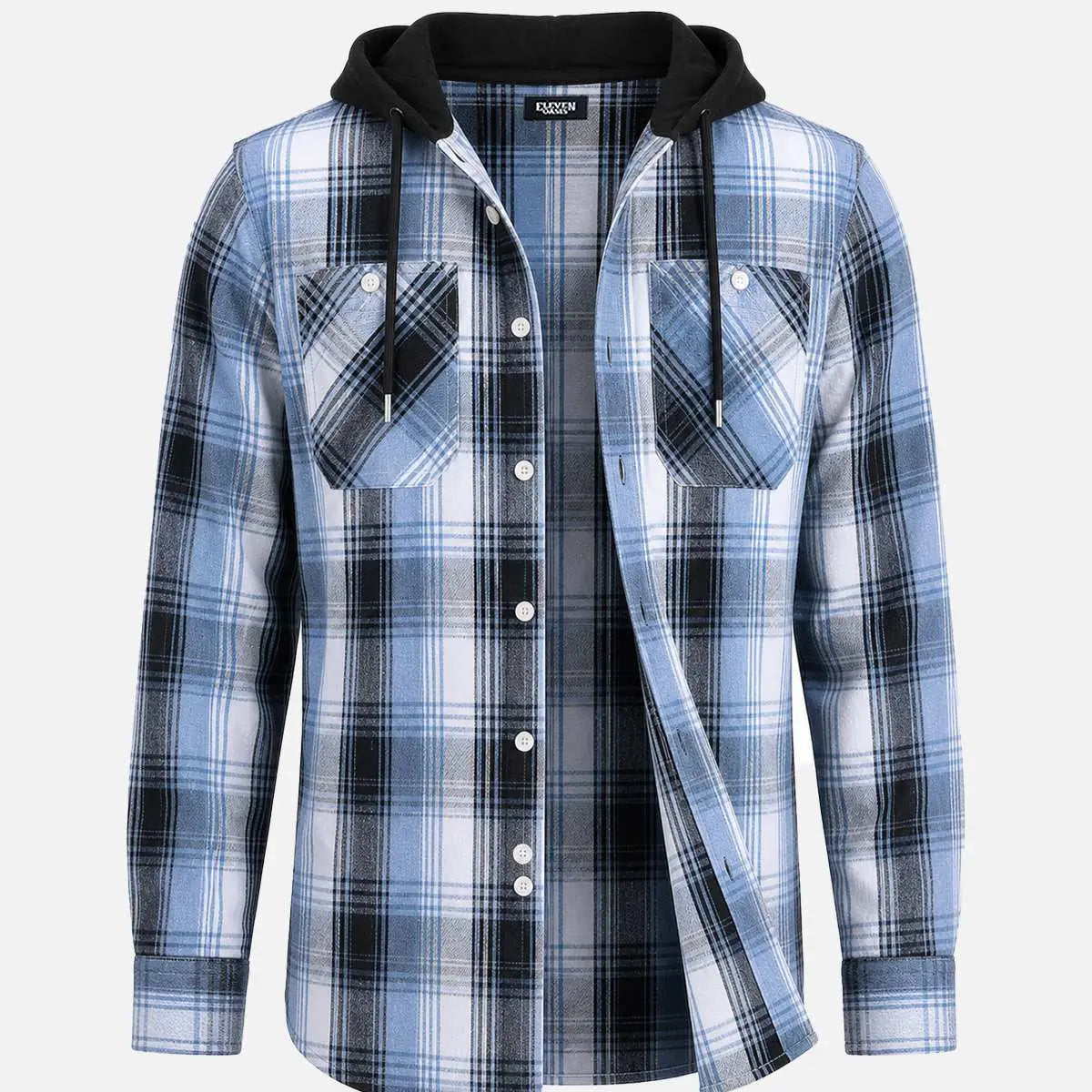 Men's Hooded Plaid Double Pocket Long Sleeve Shirt Eleven Oasis