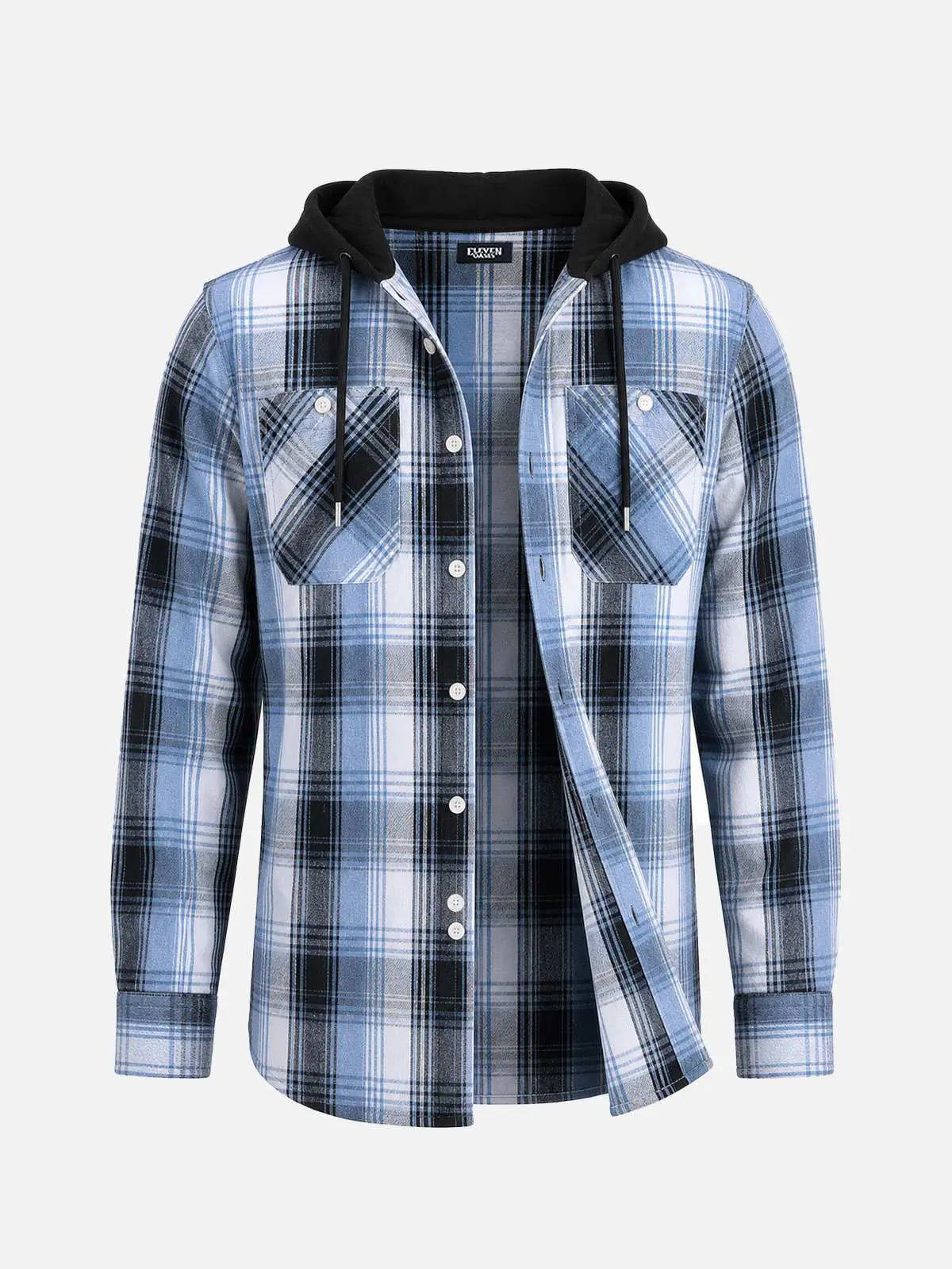 Men's Hooded Plaid Double Pocket Long Sleeve Shirt Eleven Oasis