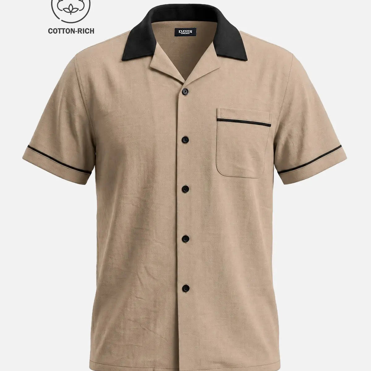 Men's Cotton Retro Piped Camp Collar Short Sleeve Shirt Eleven Oasis