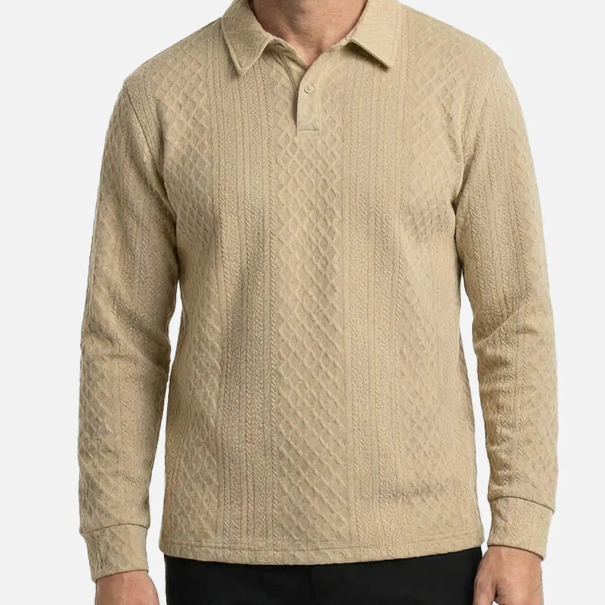 Men's Slim Fit Textured Cable Knit Long Sleeve Polo Shirt Eleven Oasis
