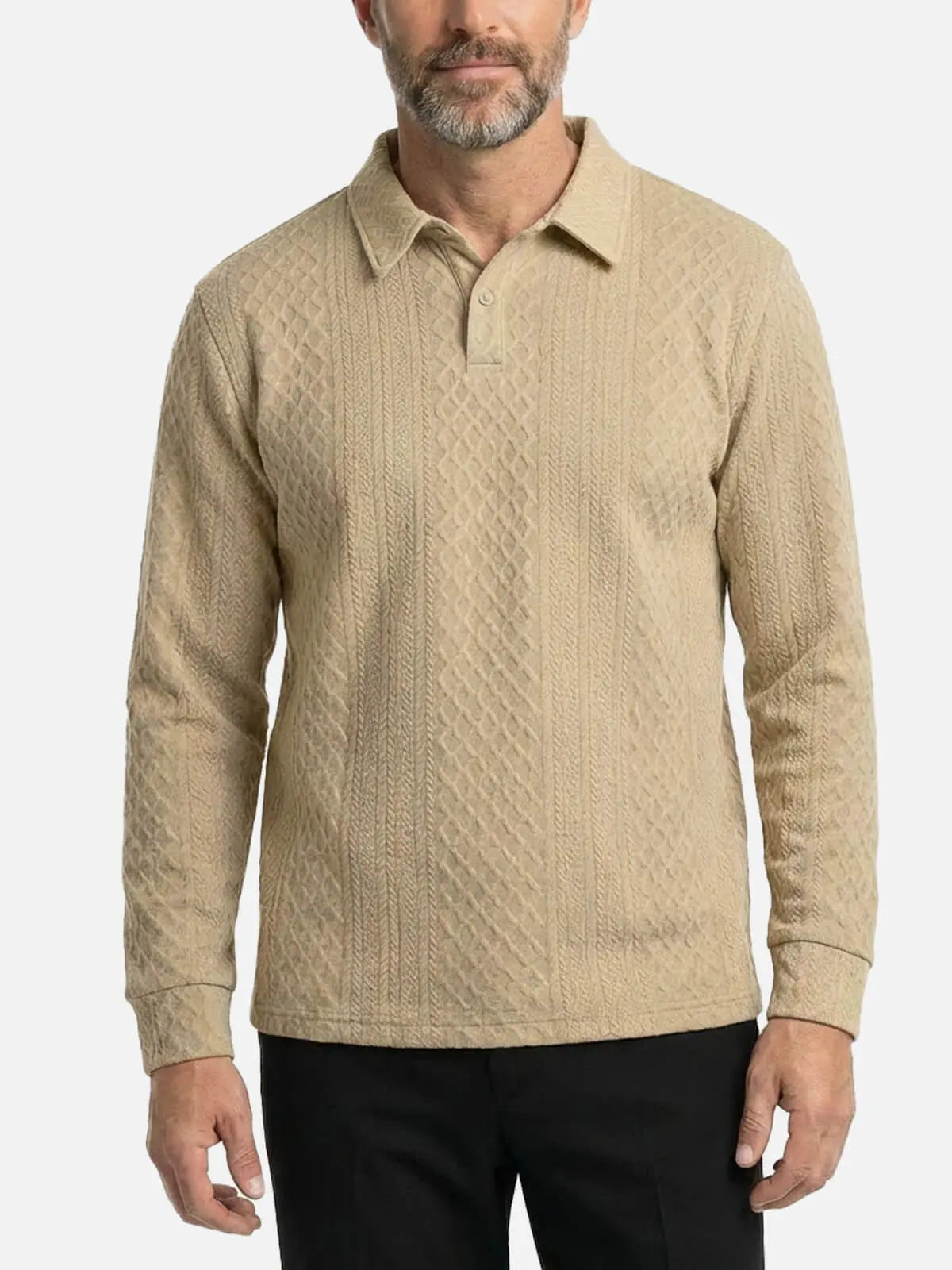 Men's Slim Fit Textured Cable Knit Long Sleeve Polo Shirt Eleven Oasis