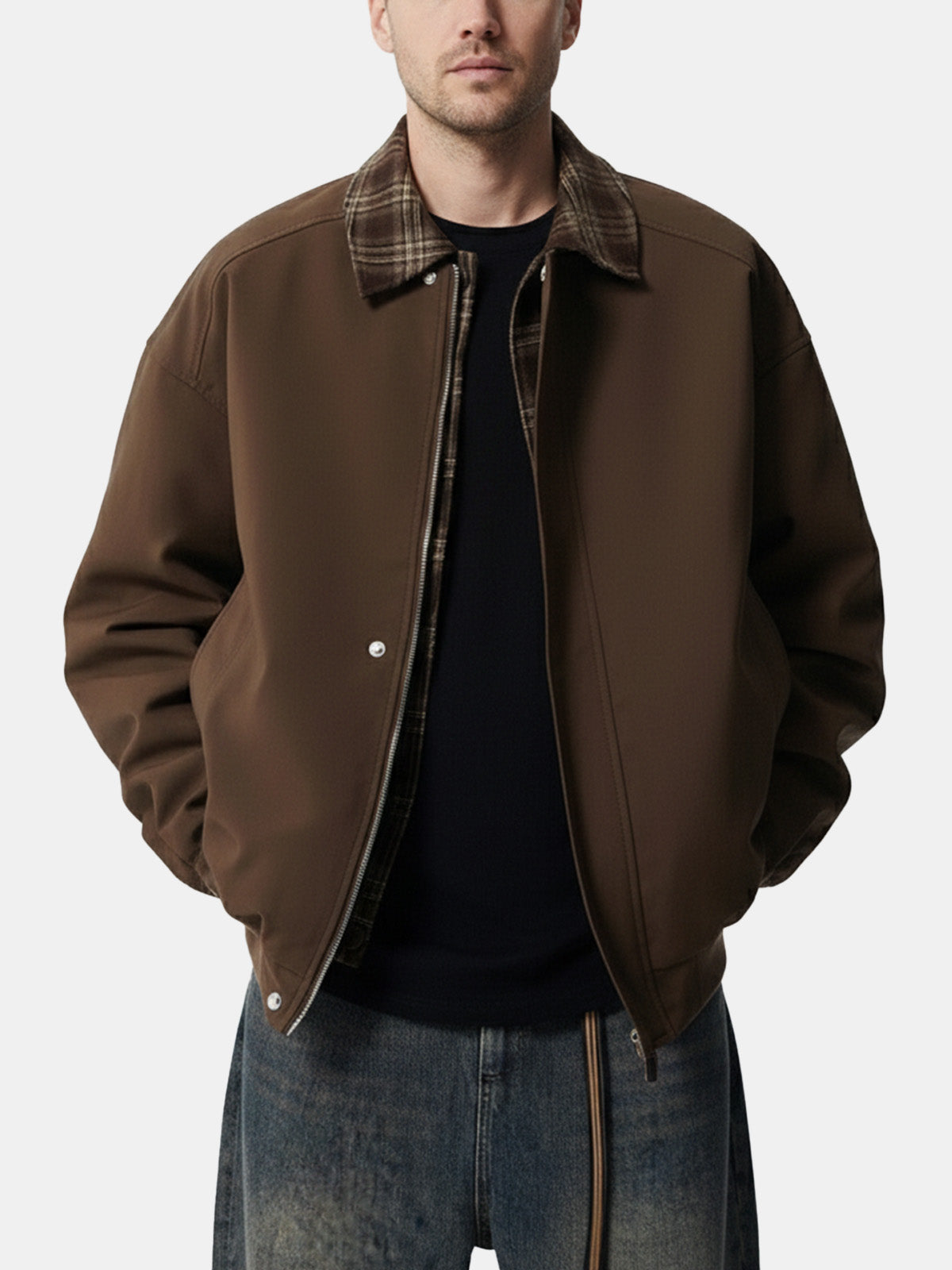 Men's Plaid Collar Zip-Up Bomber Jacket Eleven Oasis