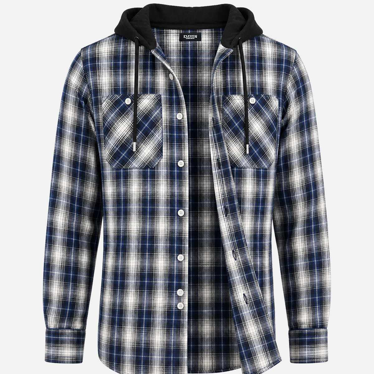 Men's Hooded Plaid Double Pocket Long Sleeve Shirt Eleven Oasis