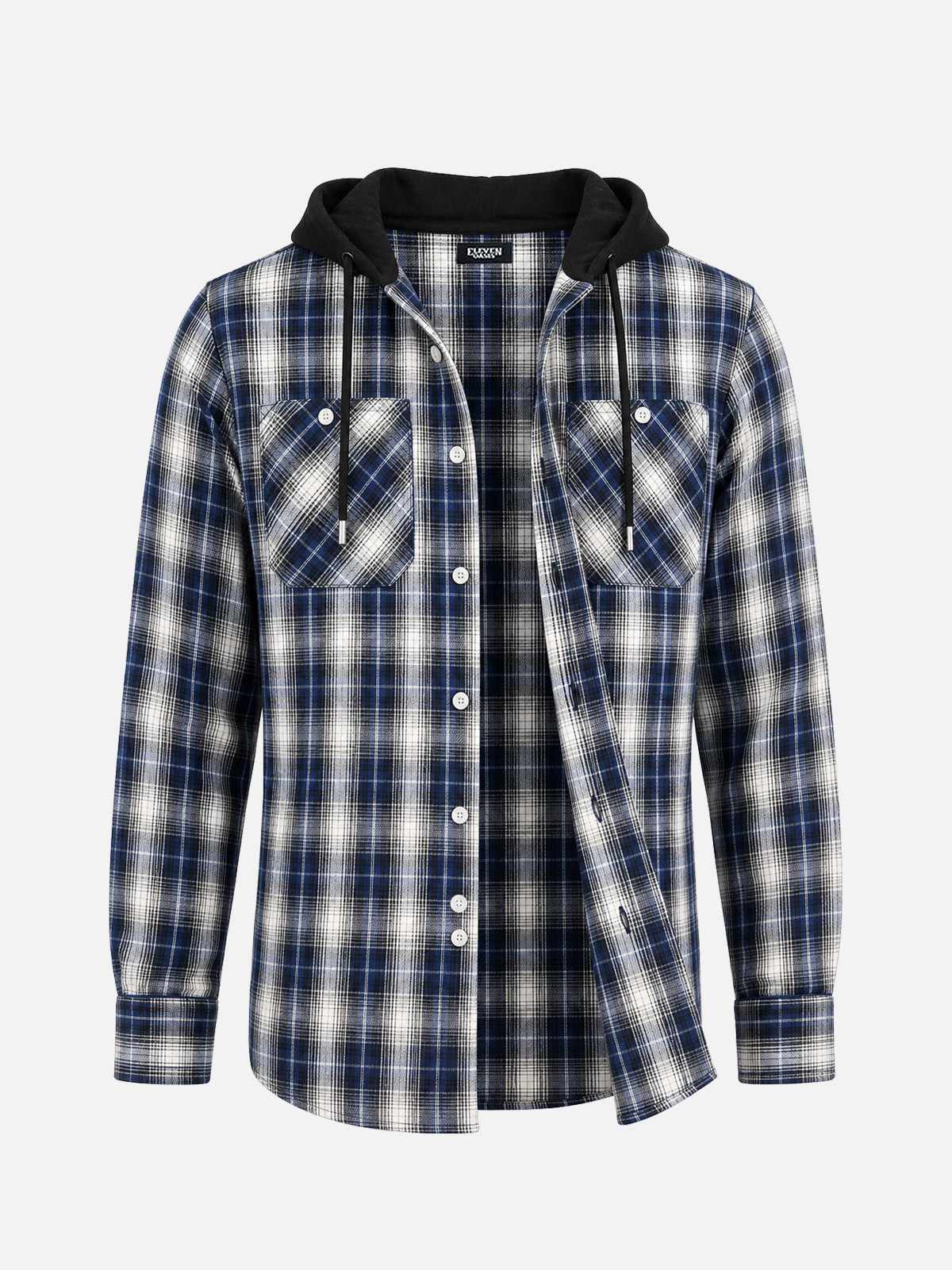 Men's Hooded Plaid Double Pocket Long Sleeve Shirt Eleven Oasis