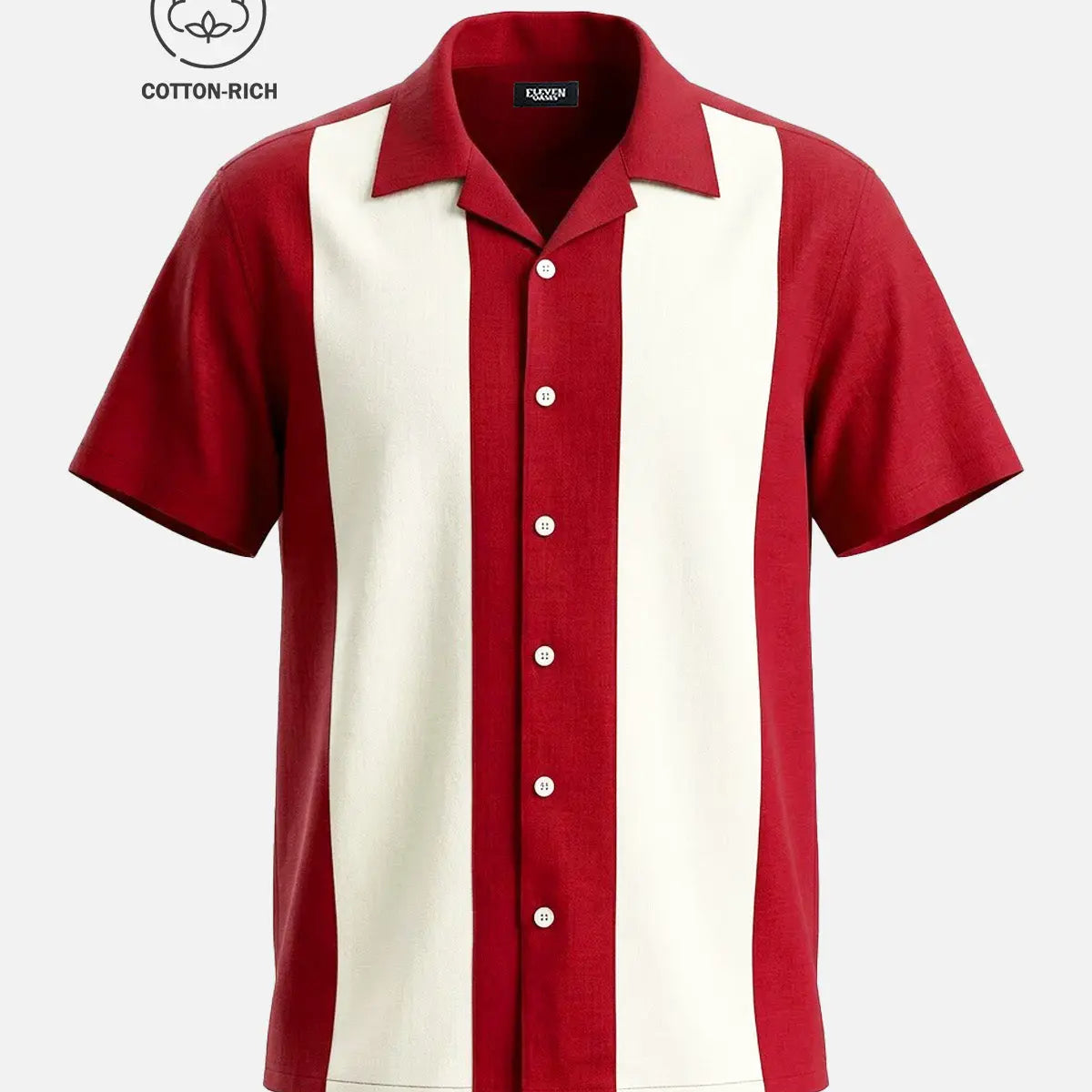 Men's Cotton Retro Vertical Panel Camp Collar Short Sleeve Shirt Eleven Oasis