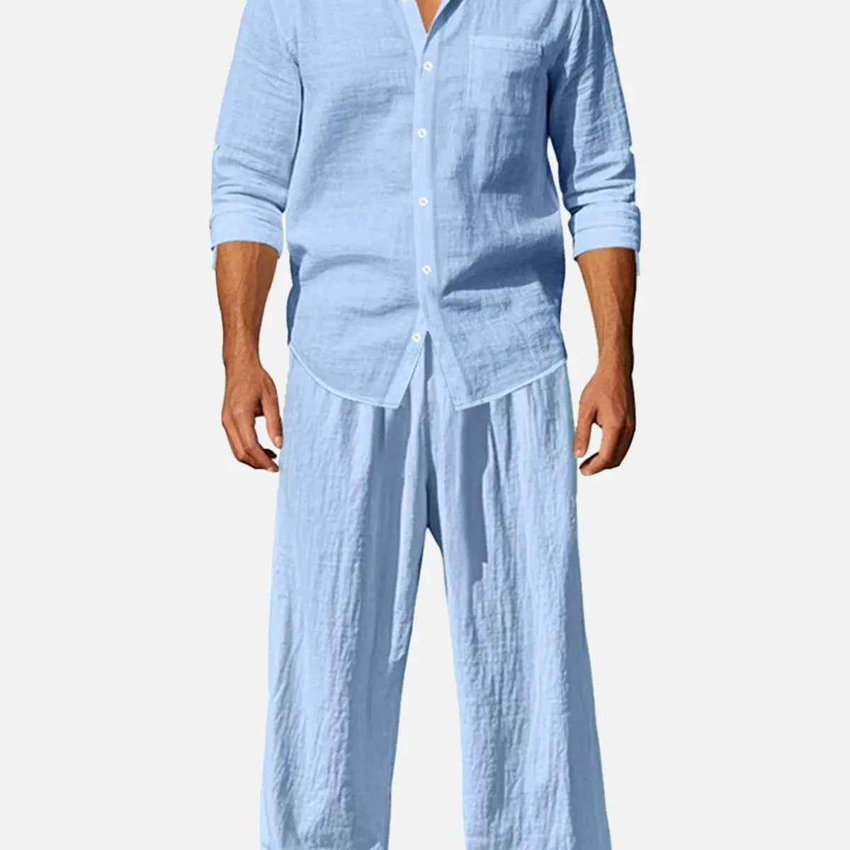 Men's Solid Color Linen Long Sleeve Elastic Waist Wide Leg Set Vacation Slow Living Linen Ensemble ElevenOasis