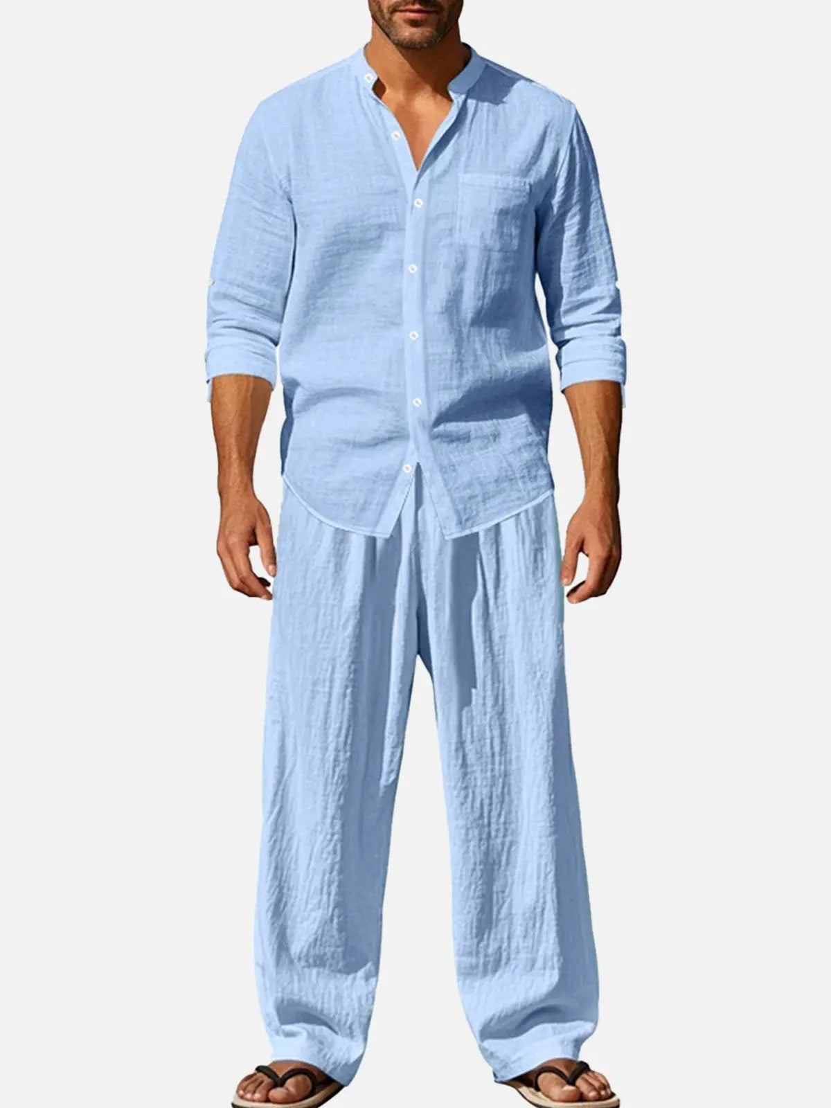 Men's Solid Color Linen Long Sleeve Elastic Waist Wide Leg Set Vacation Slow Living Linen Ensemble ElevenOasis