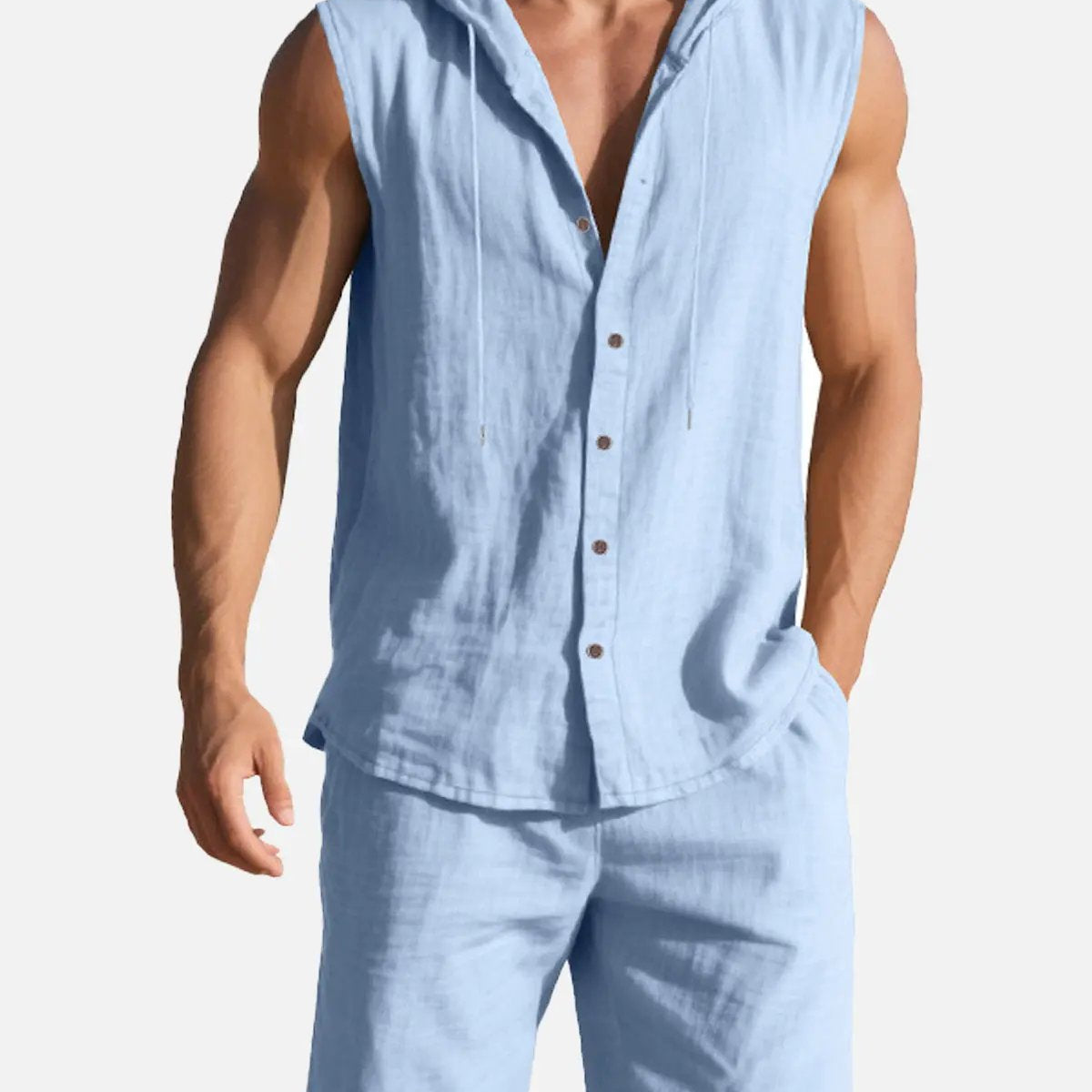 Men's Linen Hooded Sleeveless Matching Set ElevenOasis