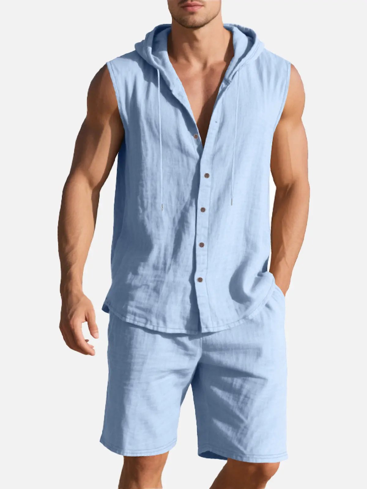 Men's Linen Hooded Sleeveless Matching Set ElevenOasis