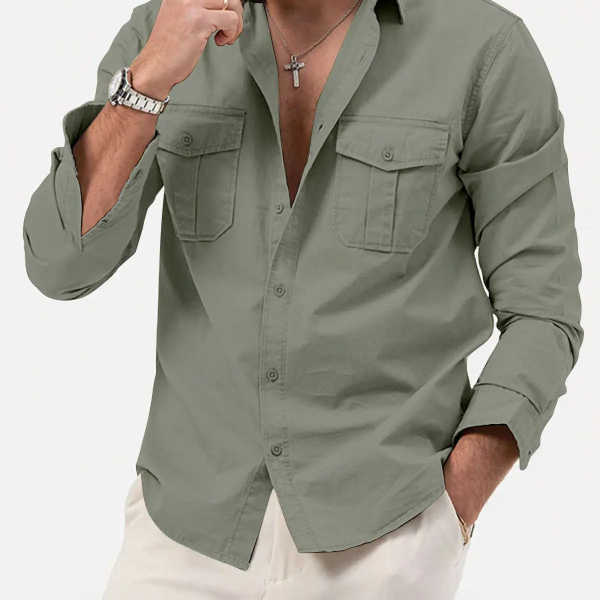 Men's Utility Pocket Long Sleeve Shirt ElevenOasis