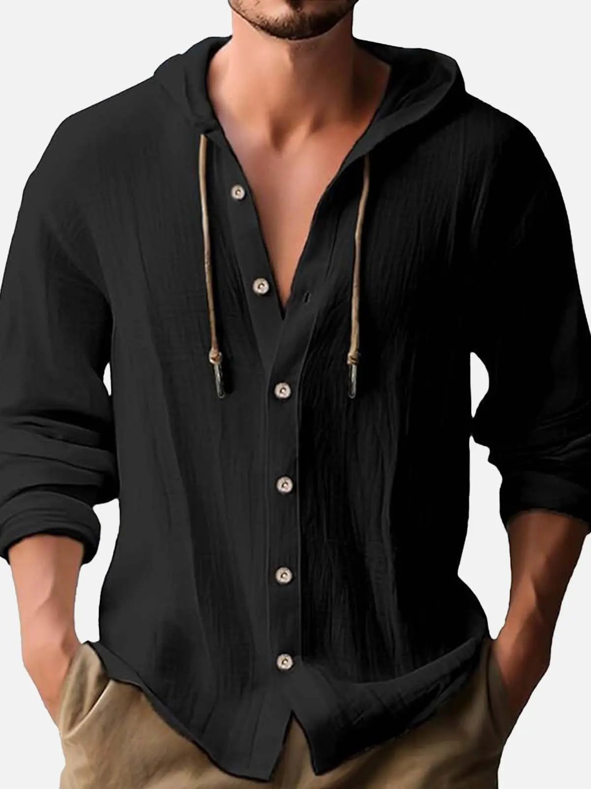 Men's Linen Blend Hooded Long Sleeve Shirt ElevenOasis
