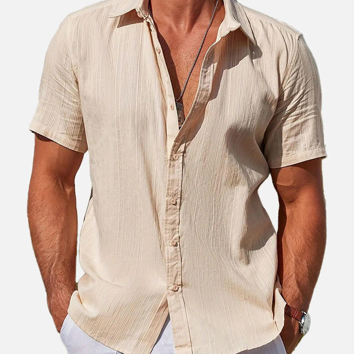 Men's Striped Textured Cotton Short Sleeve Shirt Eleven Oasis