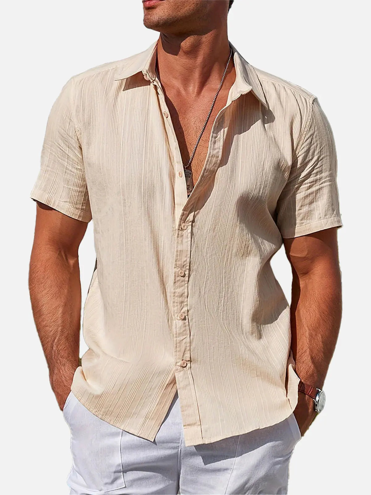 Men's Striped Textured Cotton Short Sleeve Shirt Eleven Oasis
