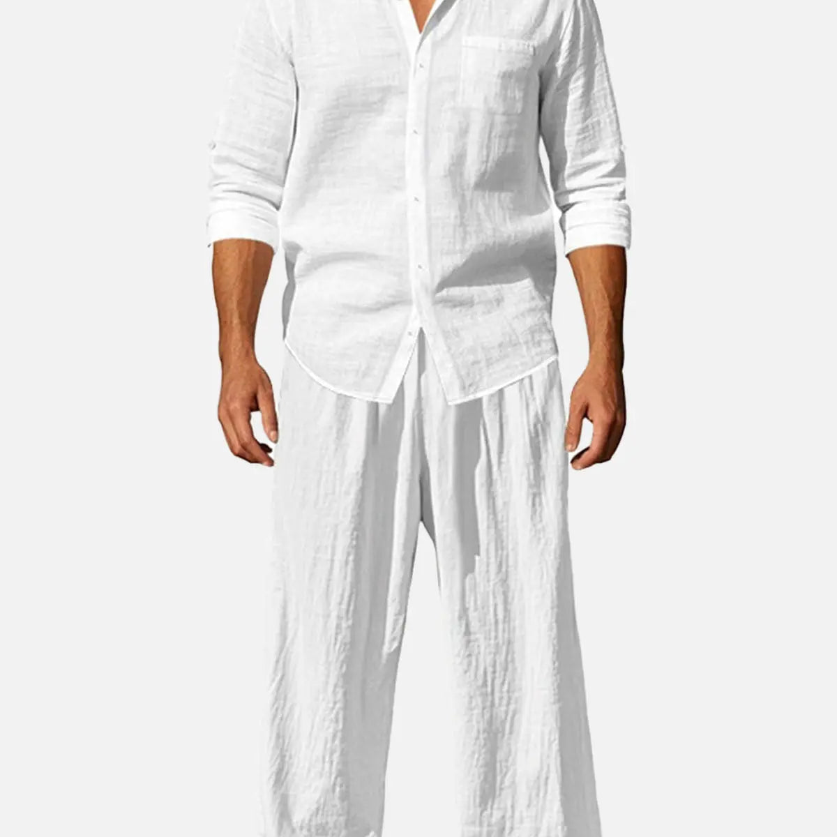 Men's Solid Color Linen Long Sleeve Elastic Waist Wide Leg Set Vacation Slow Living Linen Ensemble ElevenOasis