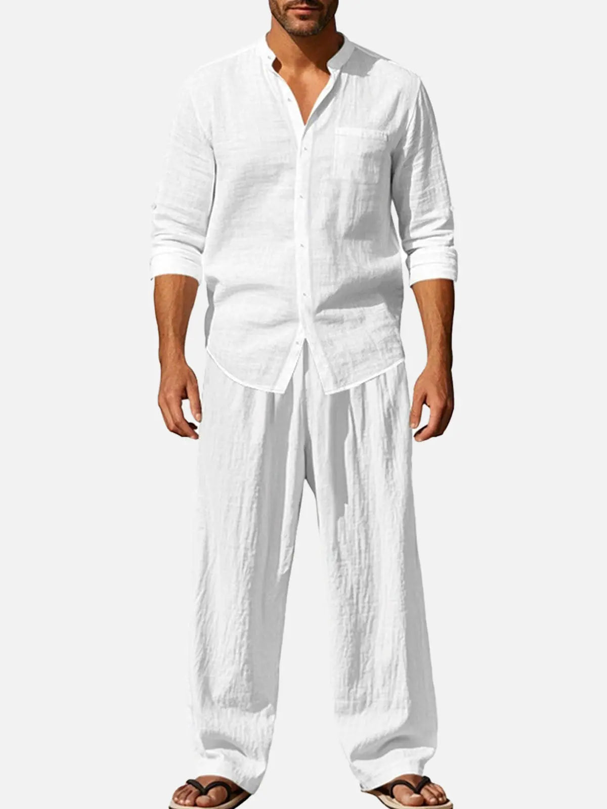 Men's Solid Color Linen Long Sleeve Elastic Waist Wide Leg Set Vacation Slow Living Linen Ensemble ElevenOasis