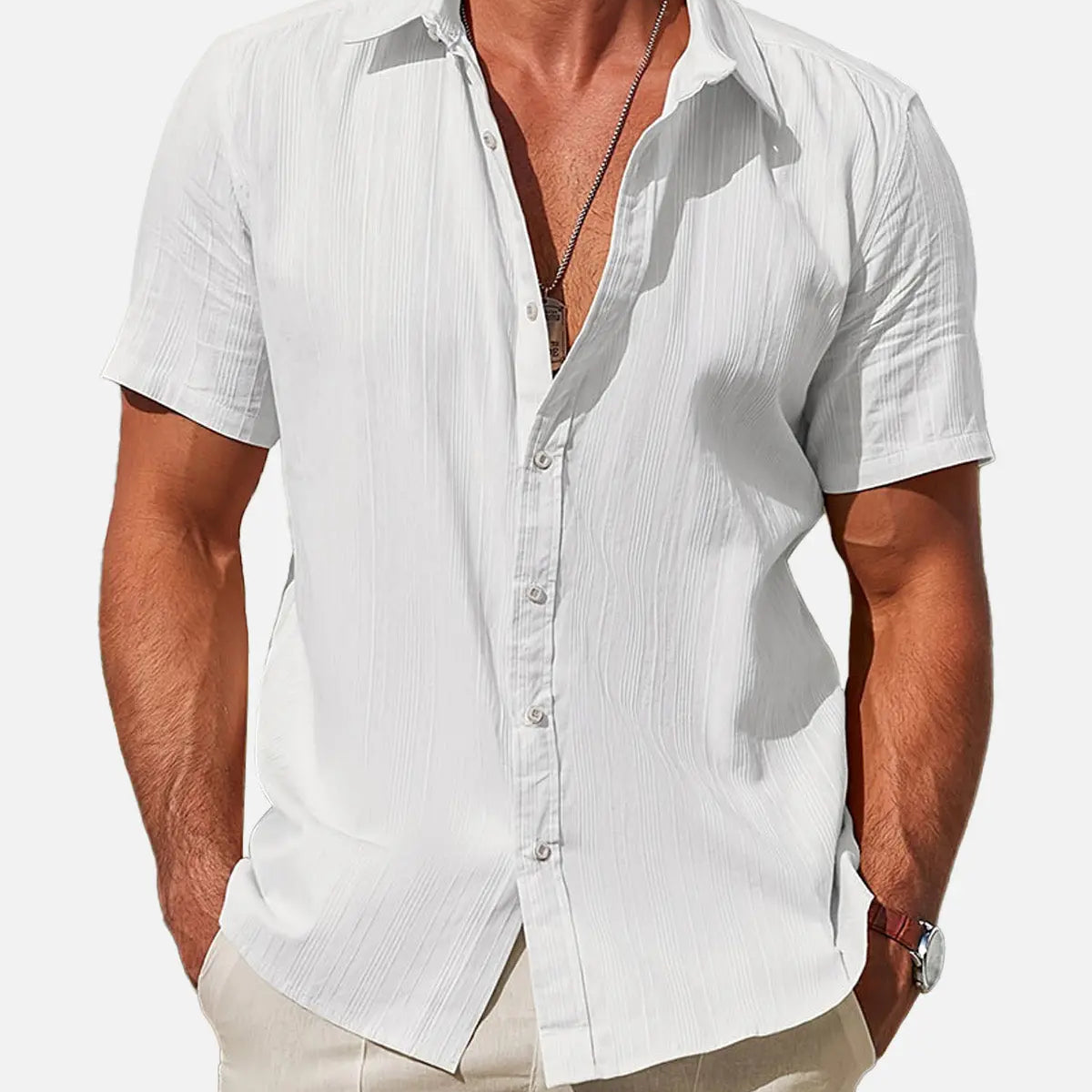 Men's Striped Textured Cotton Short Sleeve Shirt Eleven Oasis