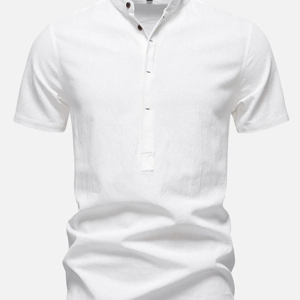 Men's Cotton Linen Band Collar Short Sleeve Shirt ElevenOasis
