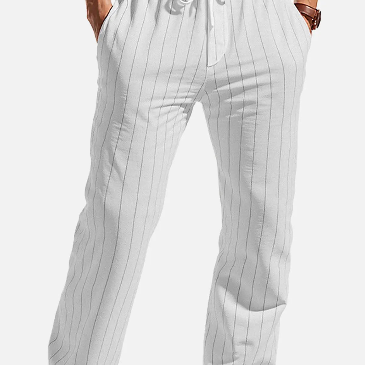 Men's Pinstripe Linen Blend Drawstring Pants ElevenOasis