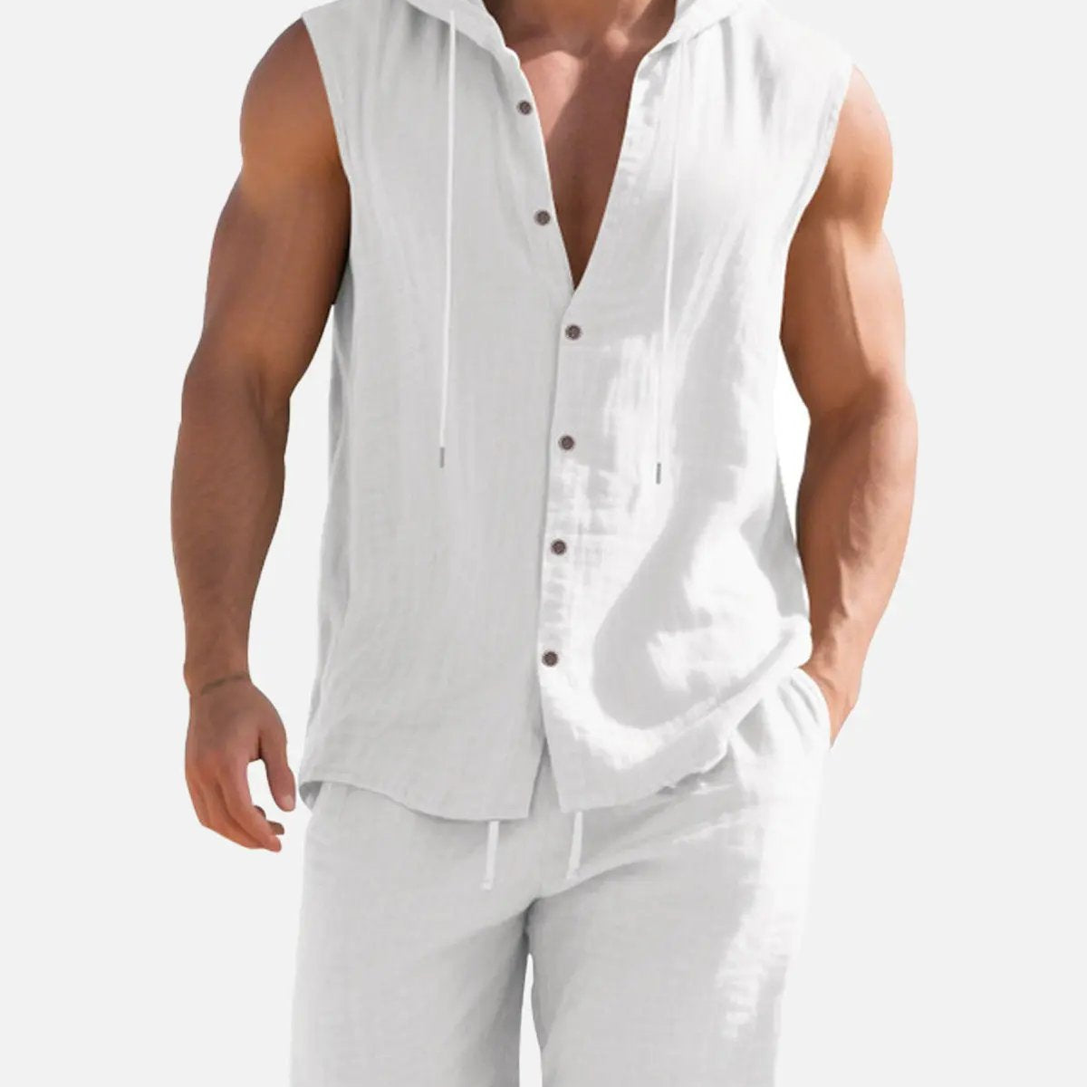 Men's Linen Hooded Sleeveless Matching Set ElevenOasis