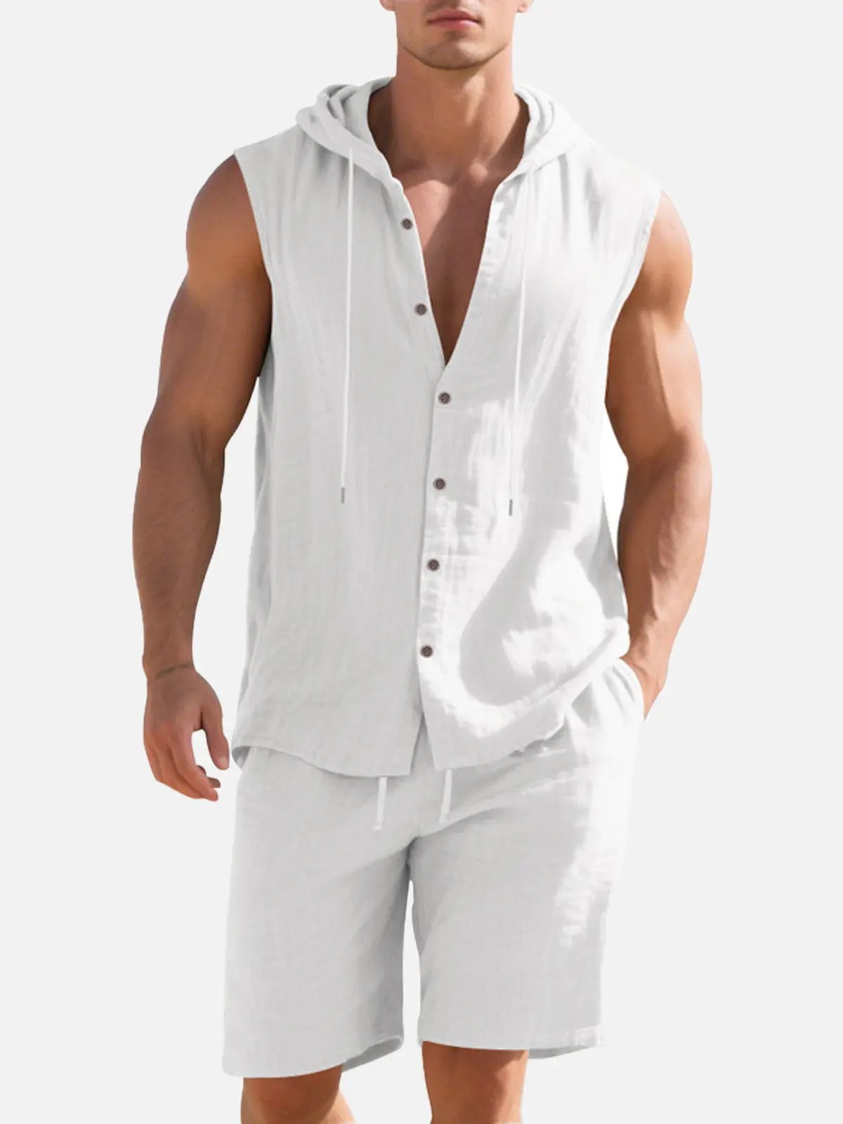 Men's Linen Hooded Sleeveless Matching Set ElevenOasis