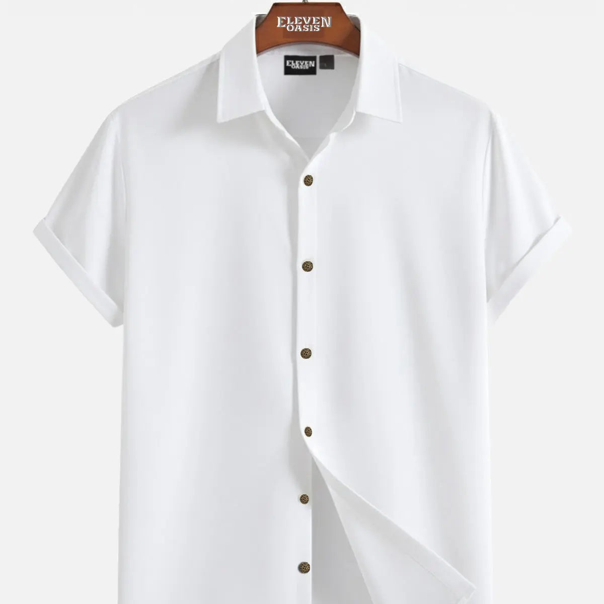 Men's Casual Linen-Feel Loose Printed Solid Color Button Short Sleeve Shirt ElevenOasis