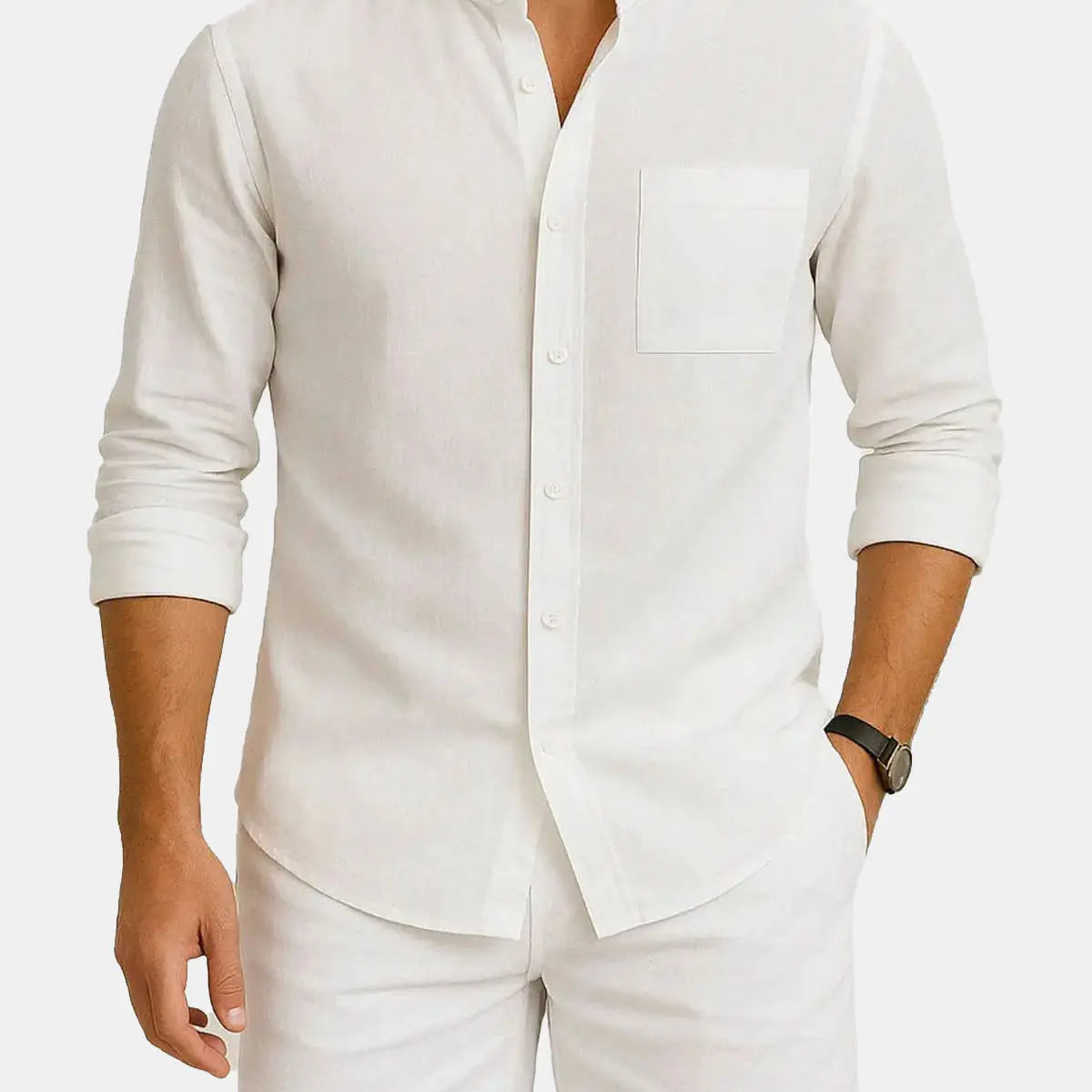 Men's Modern Band Collar Linen Short Set ElevenOasis