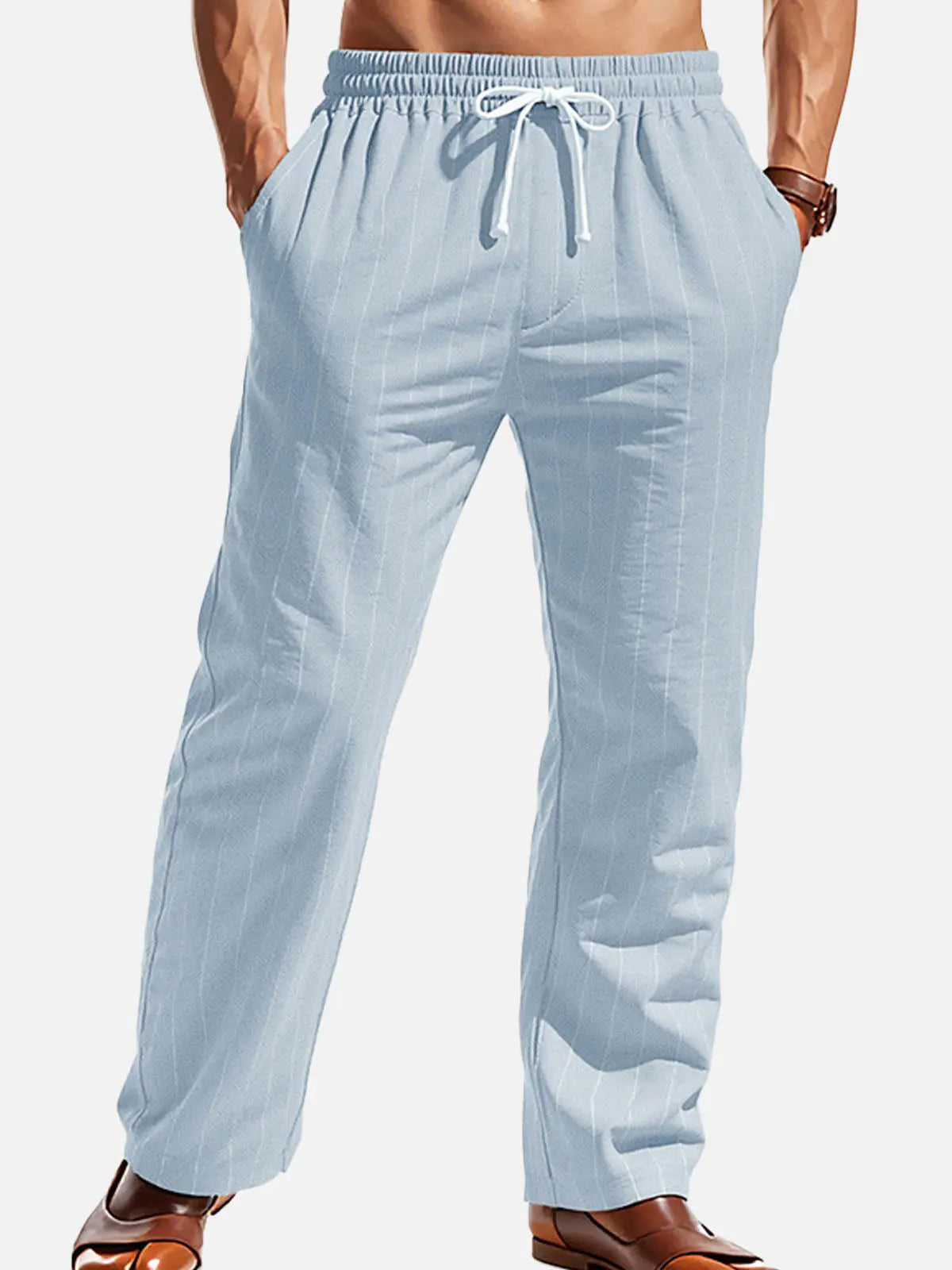 Men's Pinstripe Linen Blend Drawstring Pants ElevenOasis