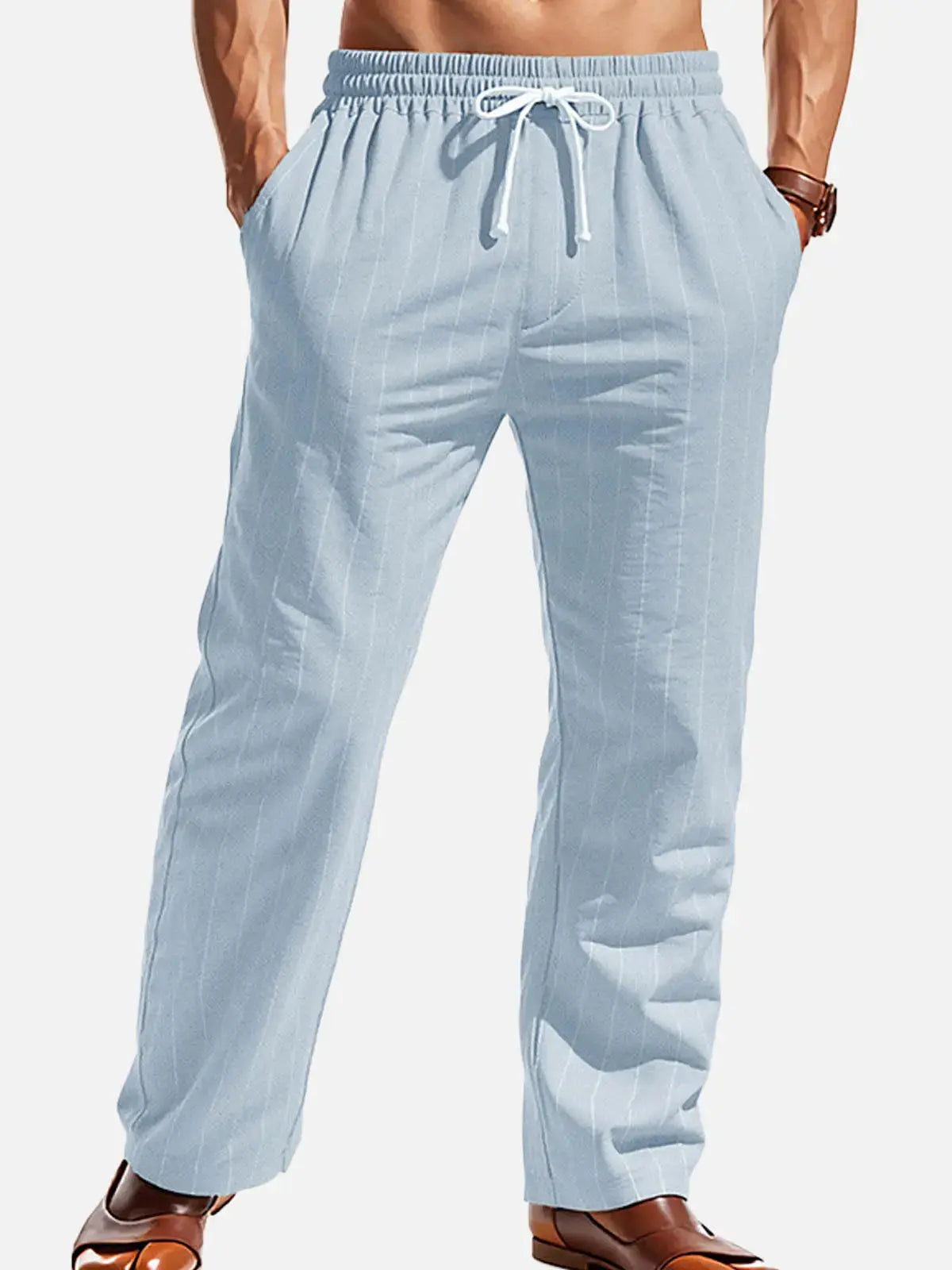 Men's Pinstripe Linen Blend Drawstring Pants ElevenOasis