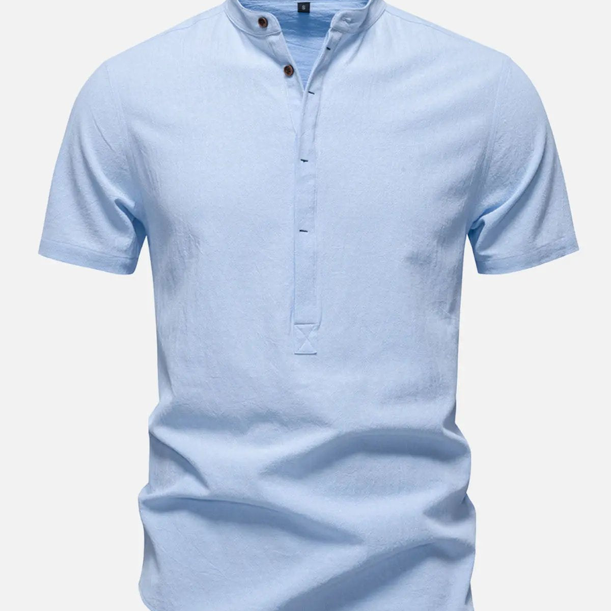 Men's Cotton Linen Band Collar Short Sleeve Shirt ElevenOasis