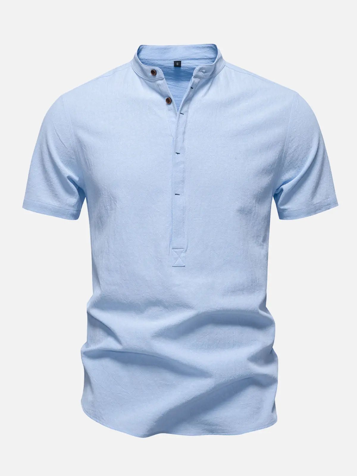Men's Cotton Linen Band Collar Short Sleeve Shirt ElevenOasis
