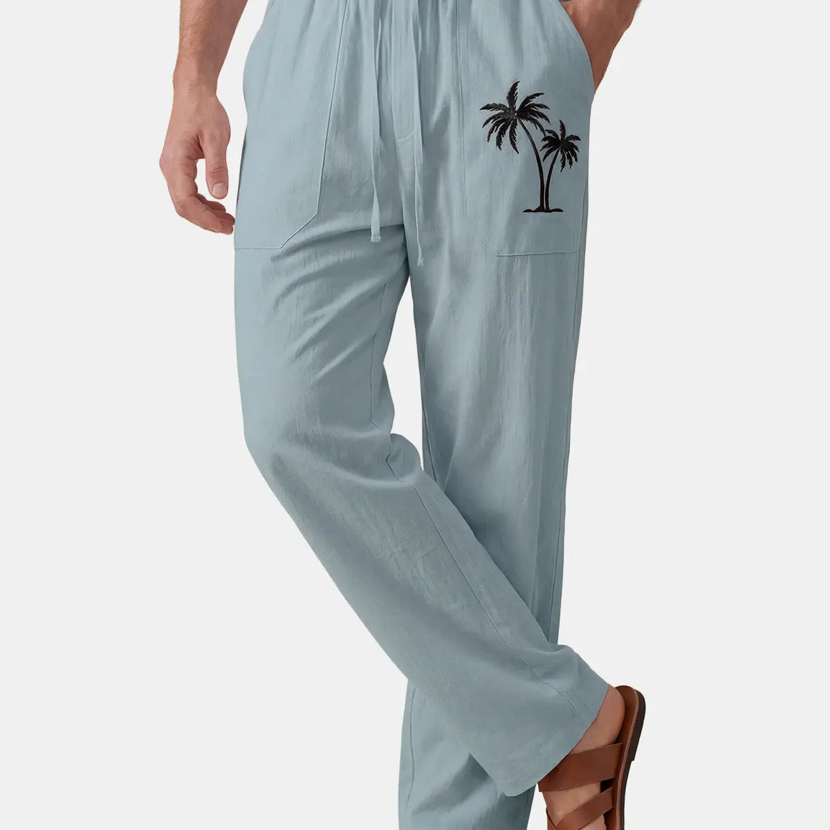 Men's Casual Palm-Print Linen Pants Eleven Oasis