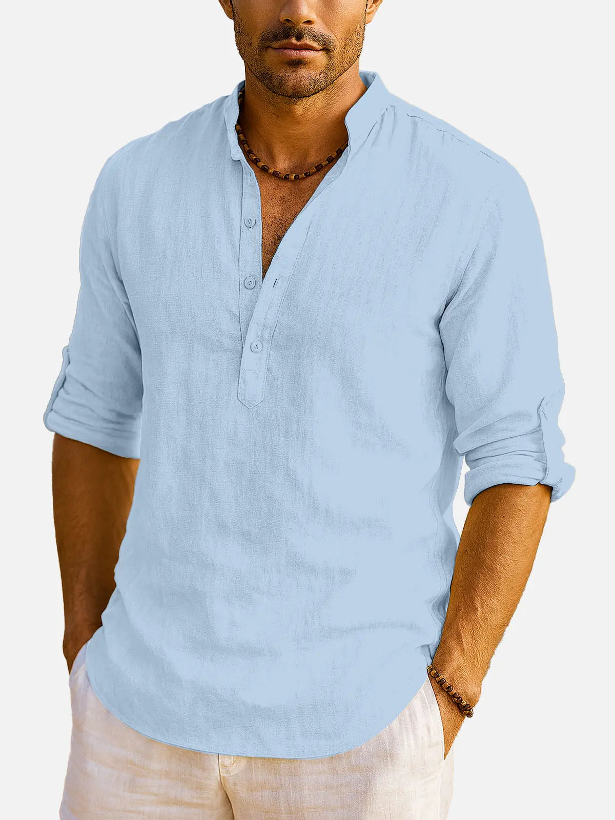 Men's Cotton Stand Collar Long Sleeve Shirt ElevenOasis