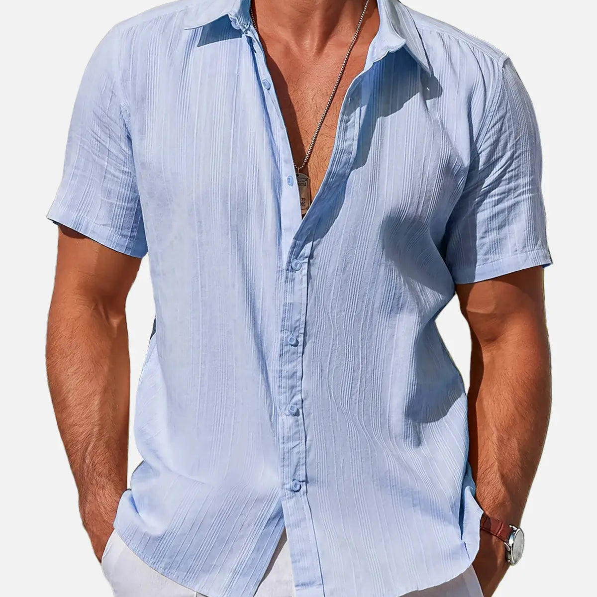 Men's Striped Textured Cotton Short Sleeve Shirt Eleven Oasis