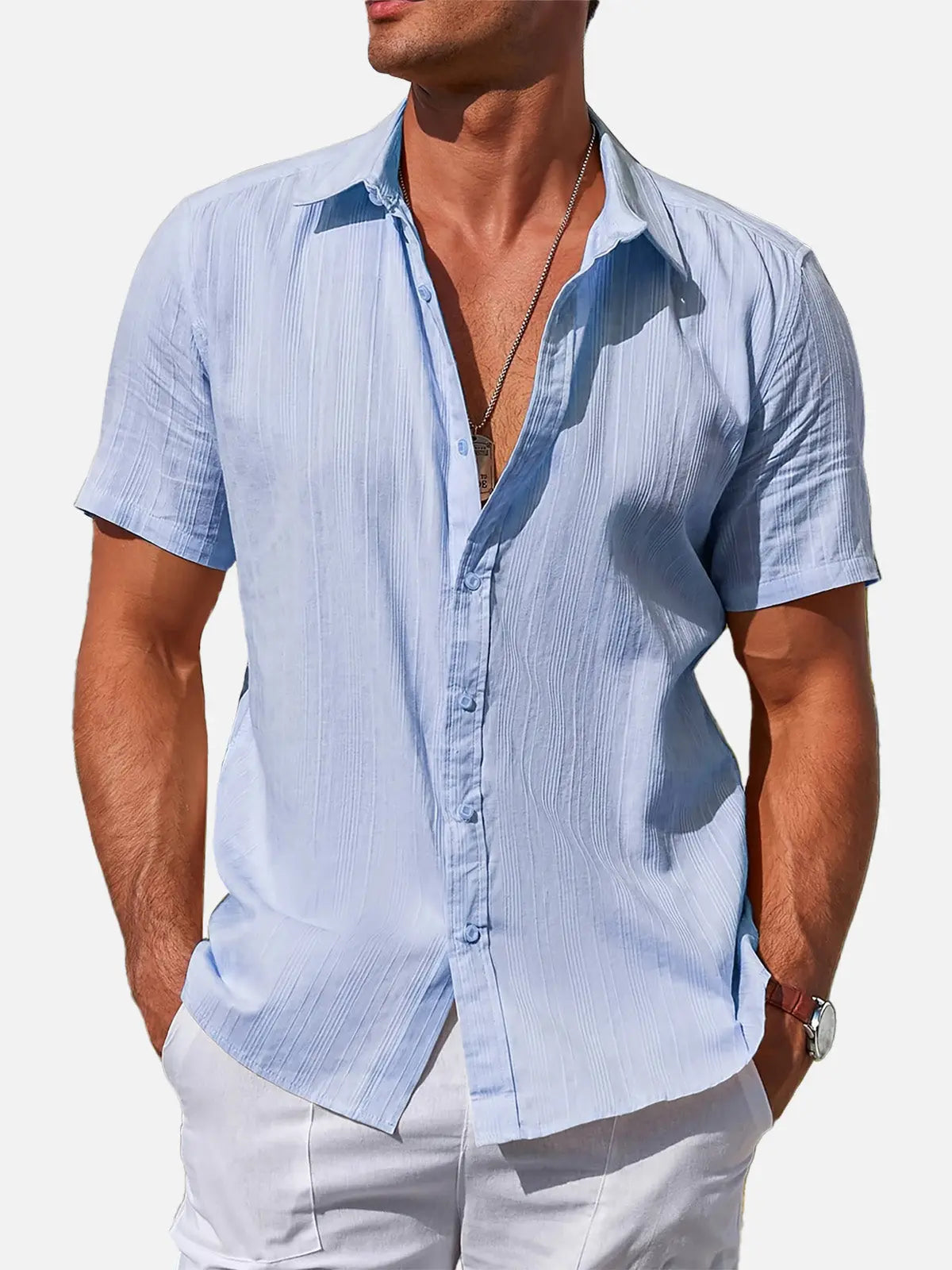 Men's Striped Textured Cotton Short Sleeve Shirt Eleven Oasis