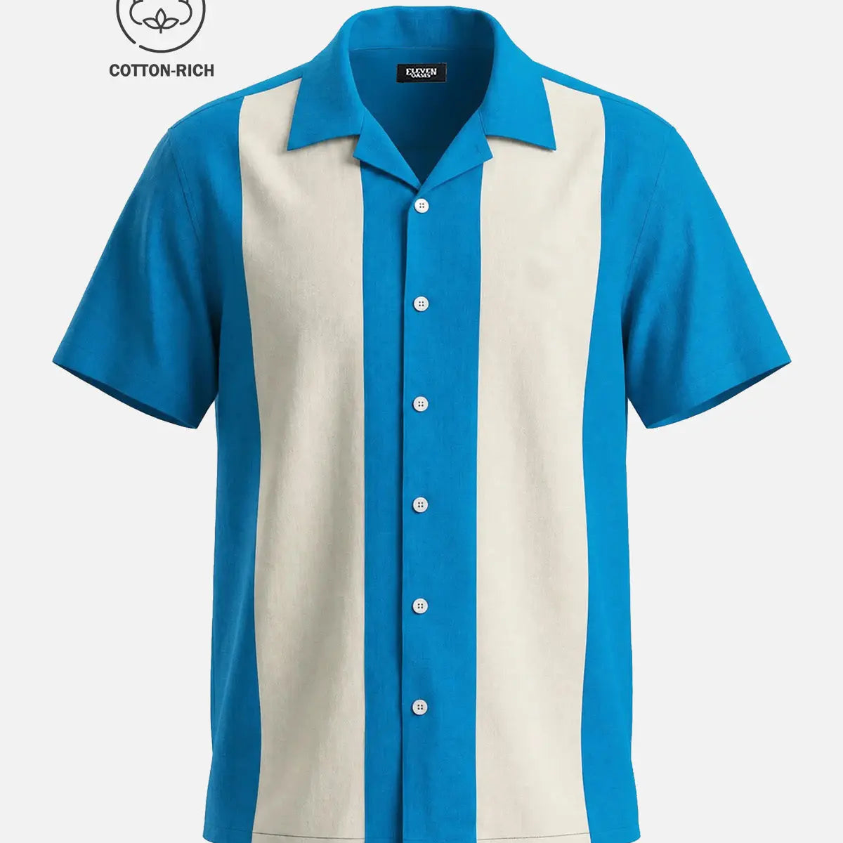 Men's Cotton Retro Vertical Panel Camp Collar Short Sleeve Shirt Eleven Oasis