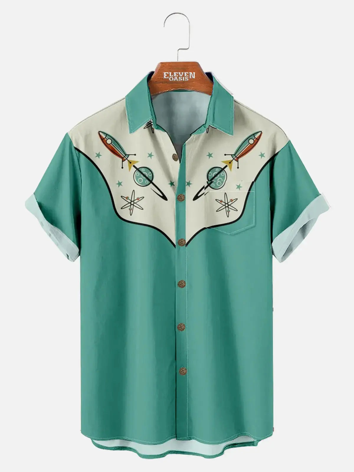Men's Cowboy Western Spaceship Short Sleeve Shirt Eleven Oasis